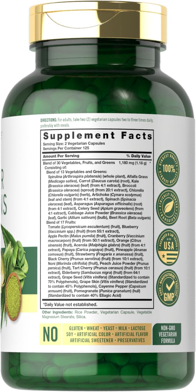 Carlyle Super Greens bottle side view shows label details for ingredient transparency.