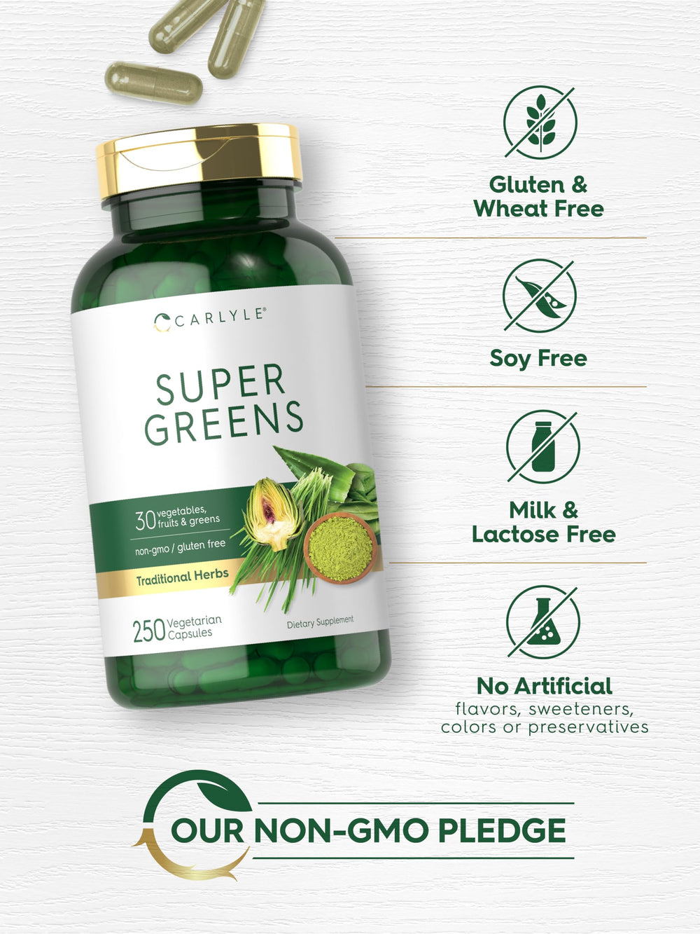Carlyle Super Greens gluten-free symbol on packaging.