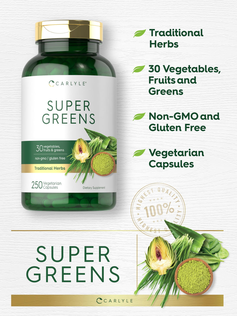 Carlyle Super Greens ingredients label close-up highlights plant blend.
