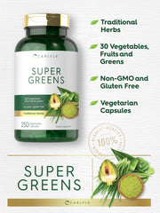 Carlyle Super Greens ingredients label close-up highlights plant blend.