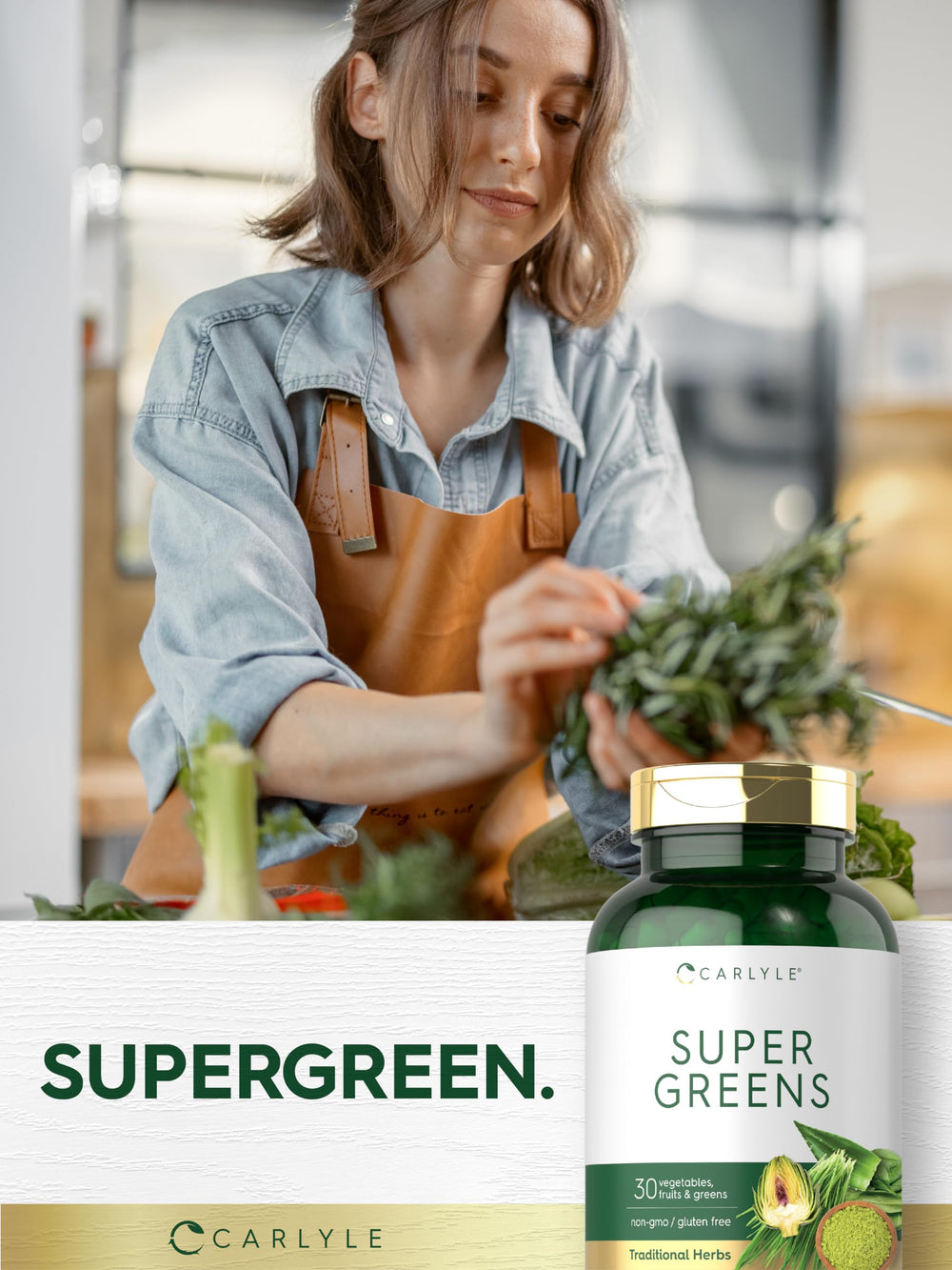 Carlyle Super Greens packaging with non-GMO and gluten-free claim.