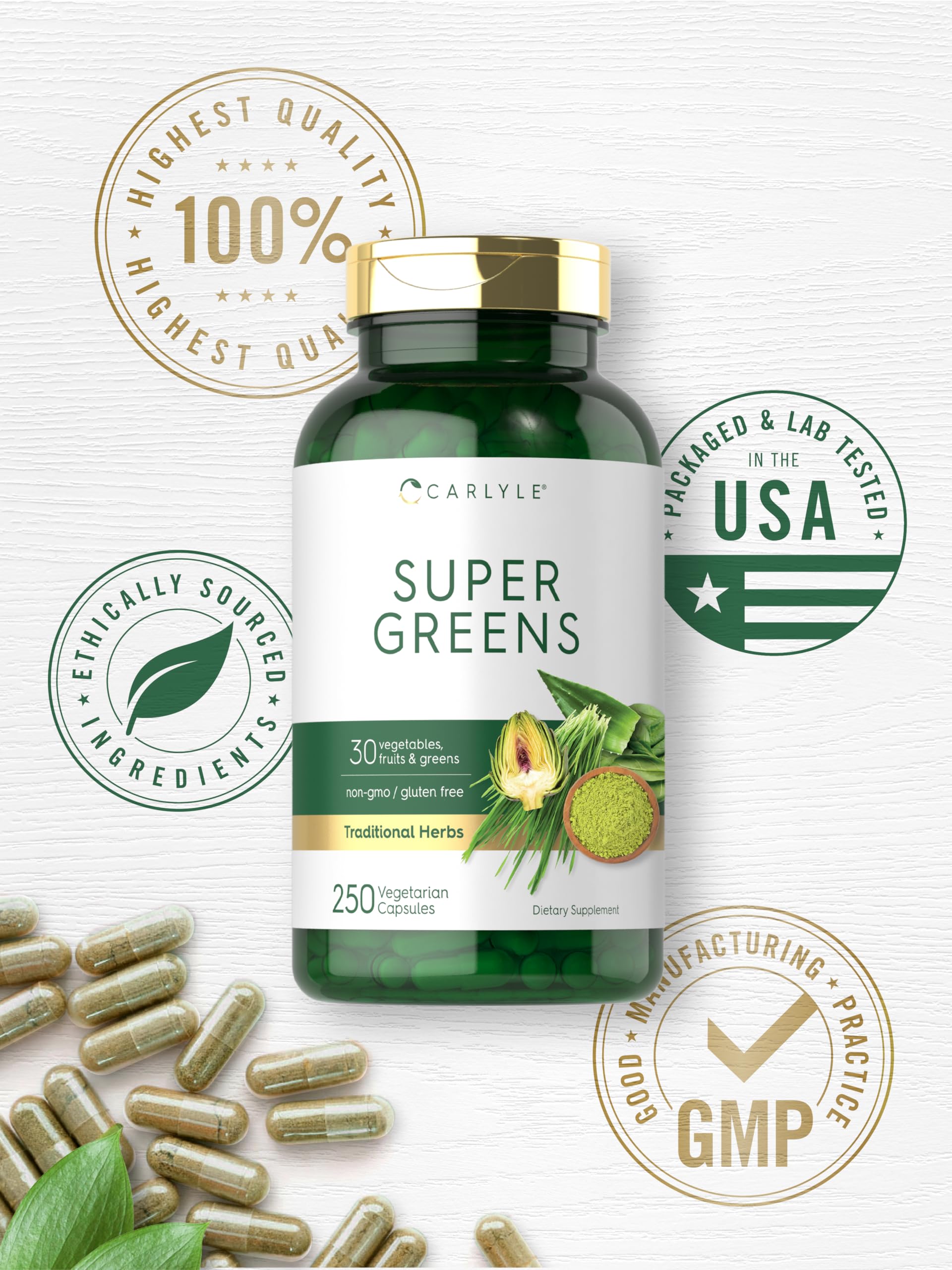 Carlyle Super Greens vegetarian formula emphasis greens and fruits.