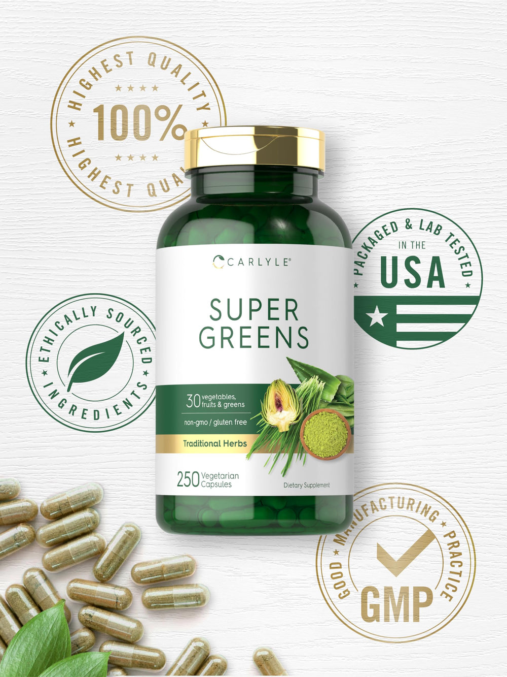 Carlyle Super Greens vegetarian formula emphasis greens and fruits.