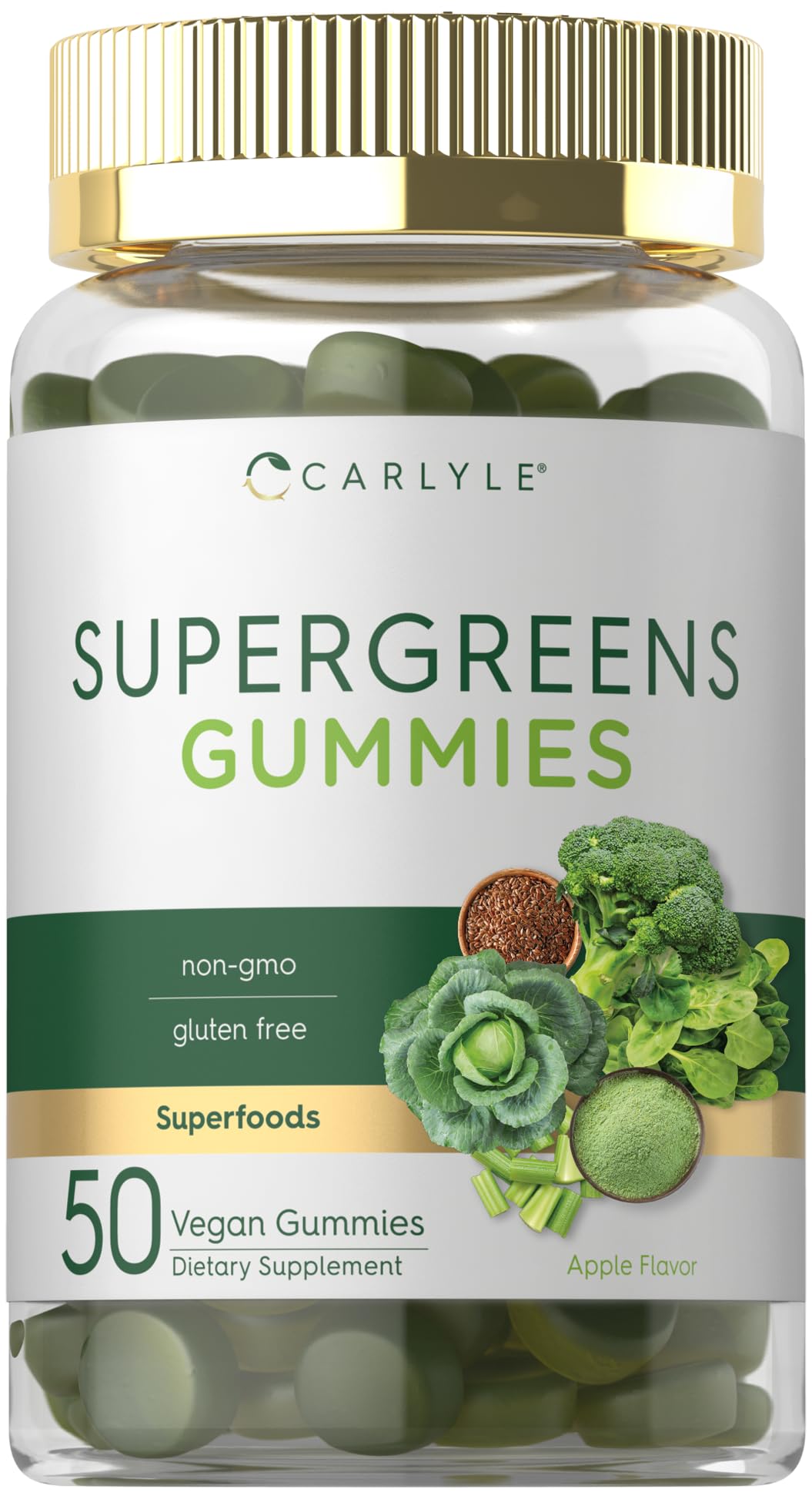 Carlyle Supergreens Gummies apple flavor bottle close-up for daily greens