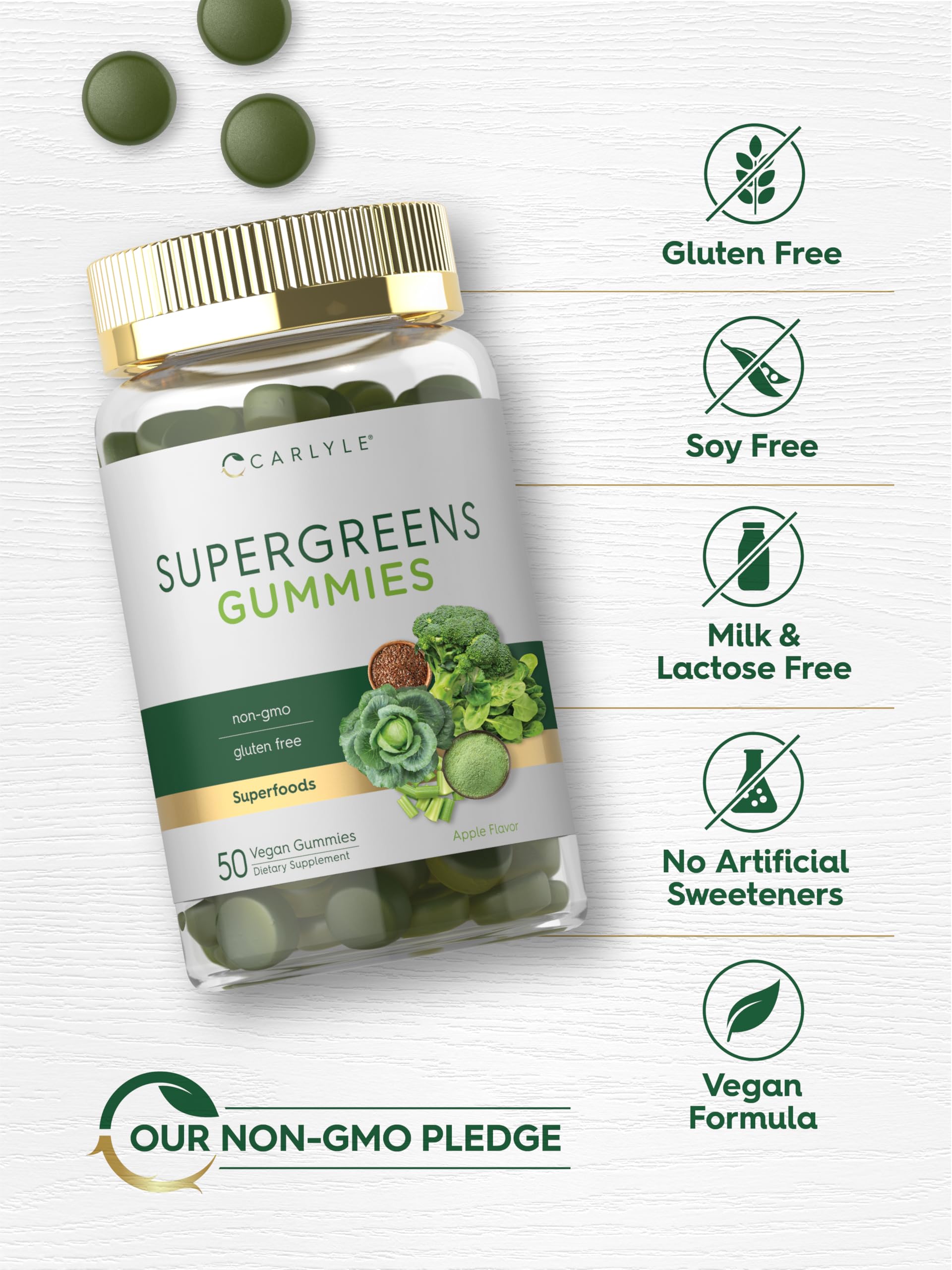 Carlyle Supergreens Gummies with wheat grass and spirulina visuals; greens boost