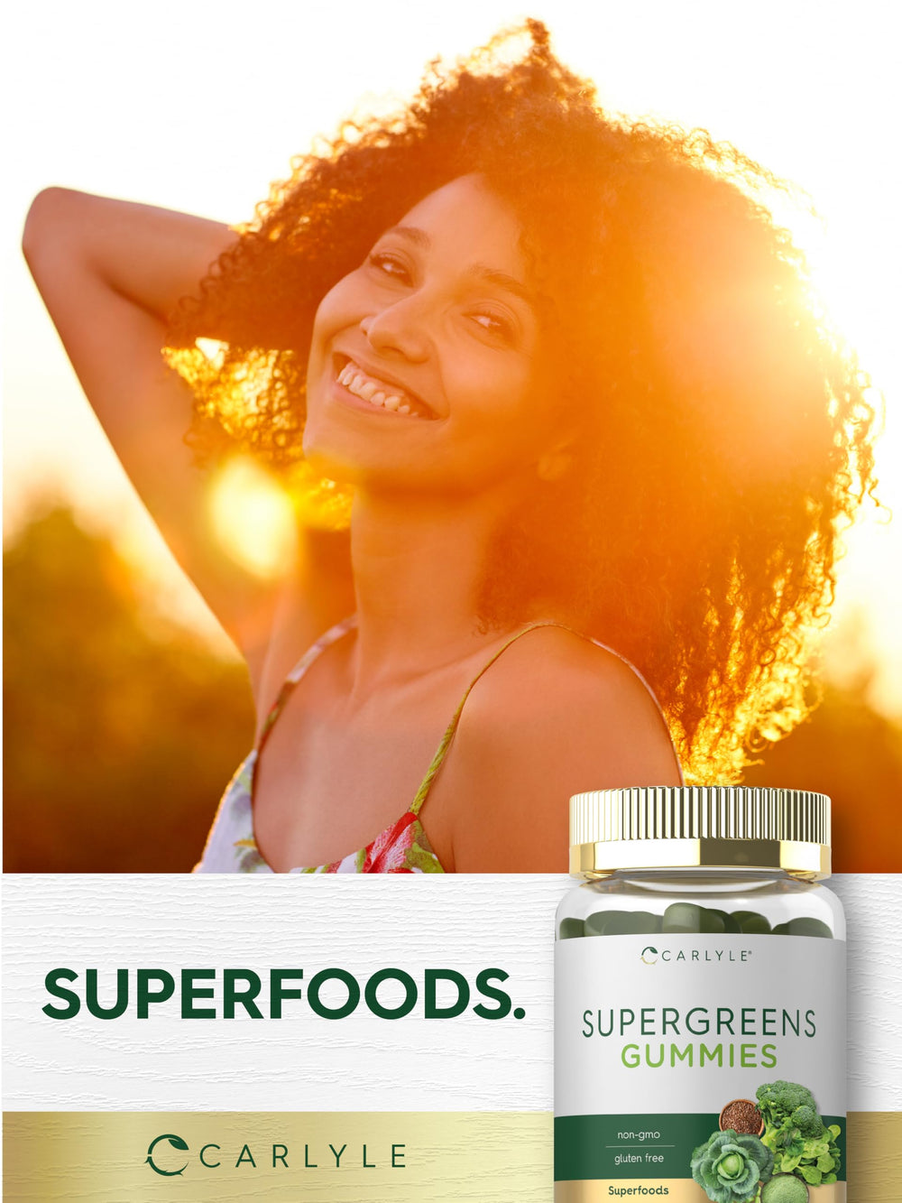 Carlyle Supergreens Gummies showing spirulina and spinach blend for greens