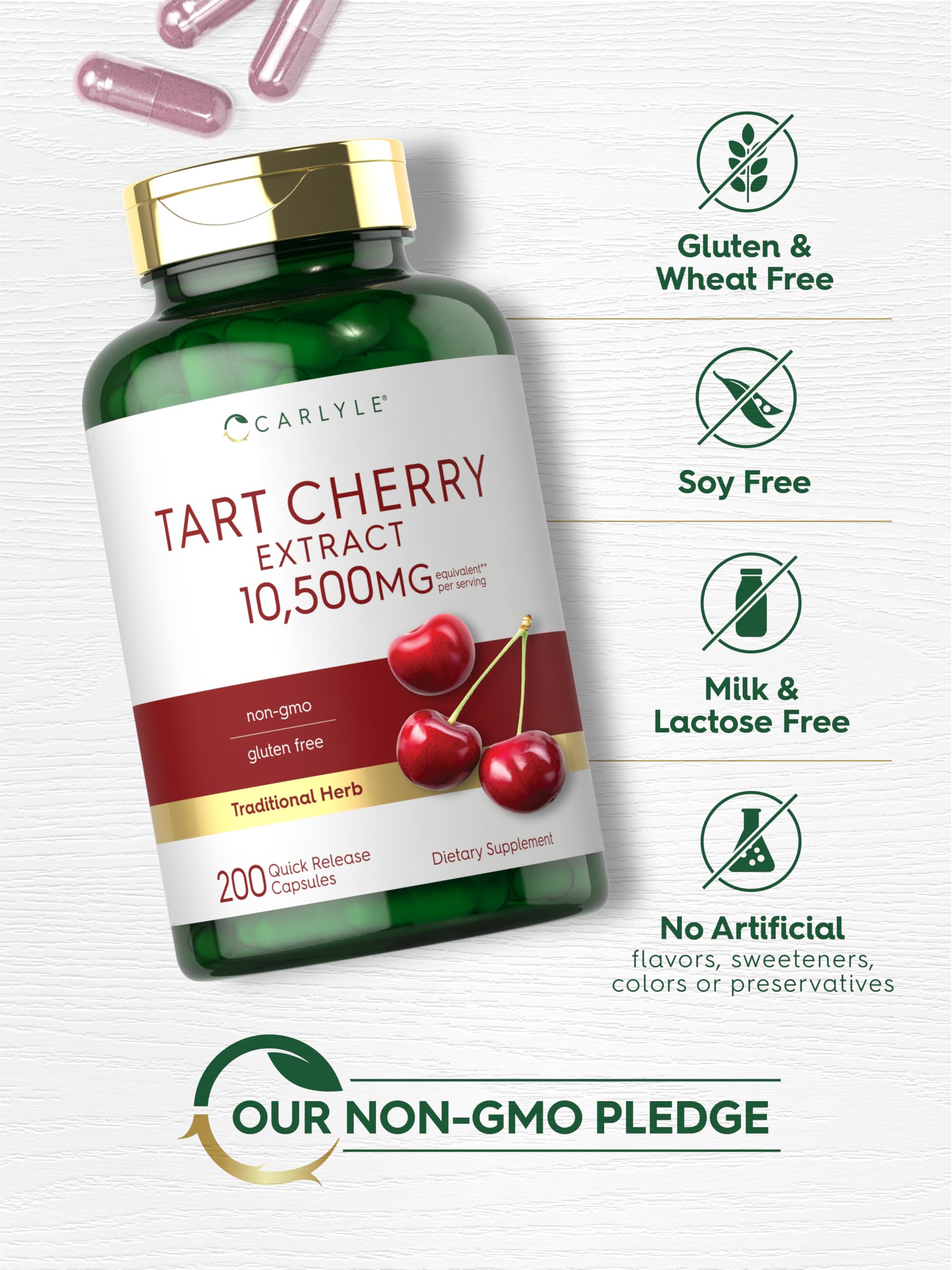 Carlyle Tart Cherry capsules close-up of smooth, quick-release pills