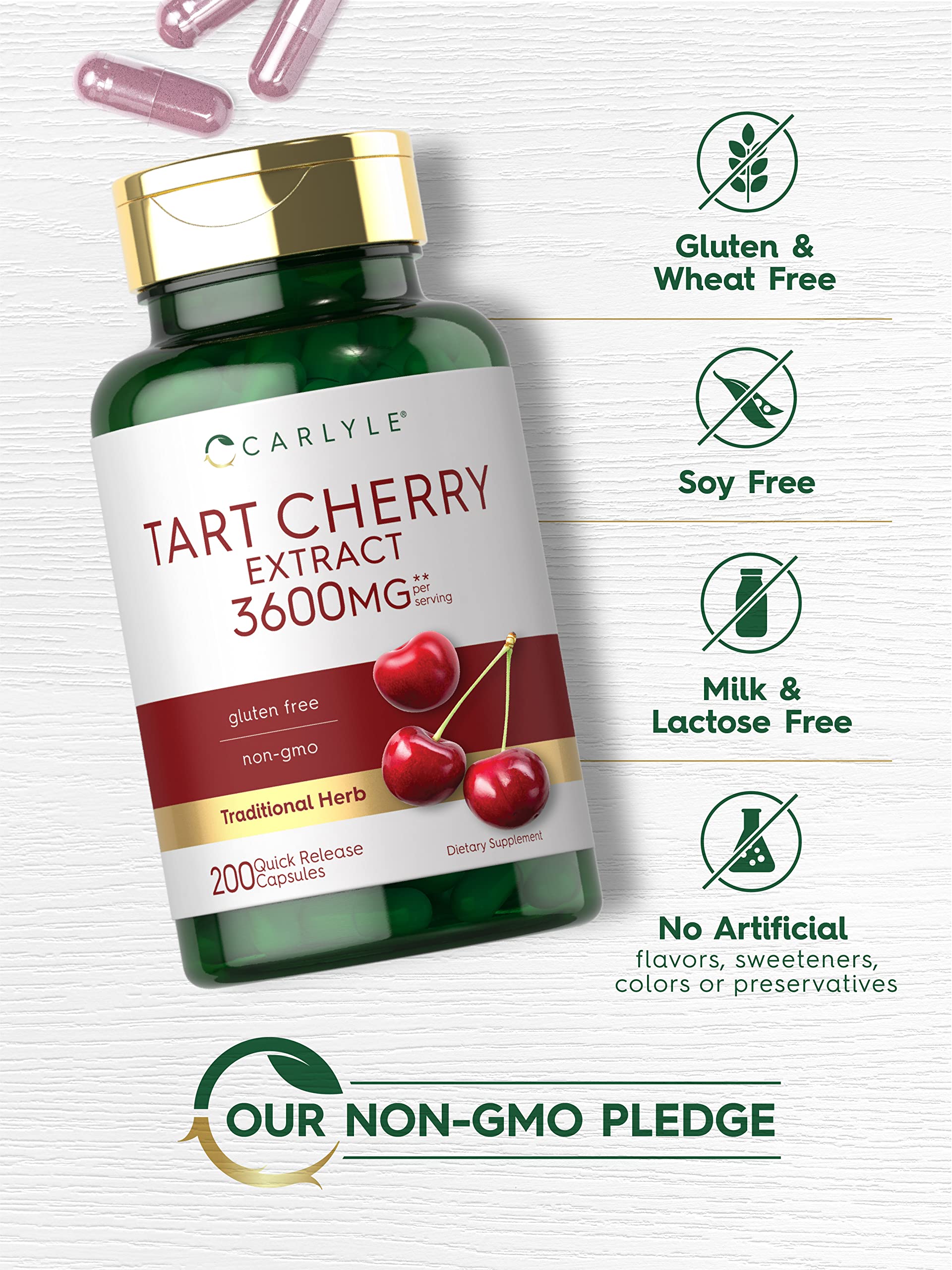 Carlyle Tart Cherry Extract bottle label notes 3600 mg equivalent per serving.