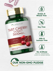 Carlyle Tart Cherry Extract bottle label notes 3600 mg equivalent per serving.