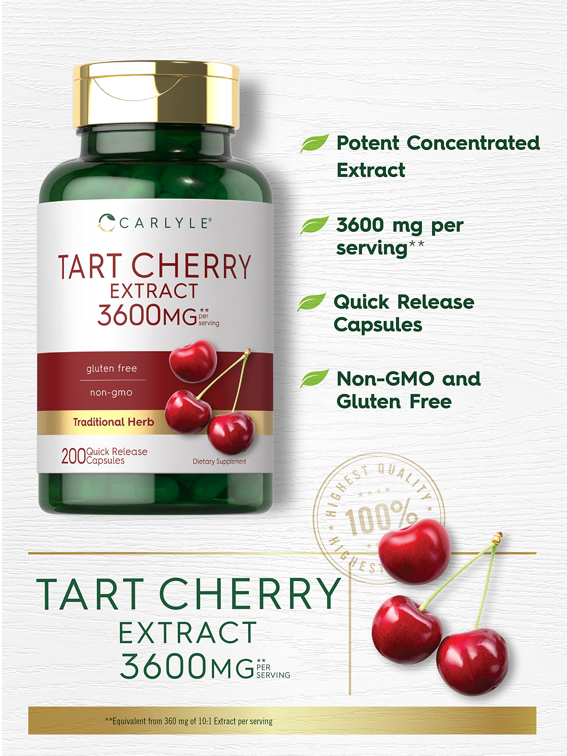 Close up of Carlyle Tart Cherry Extract capsules – convenient daily capsules.