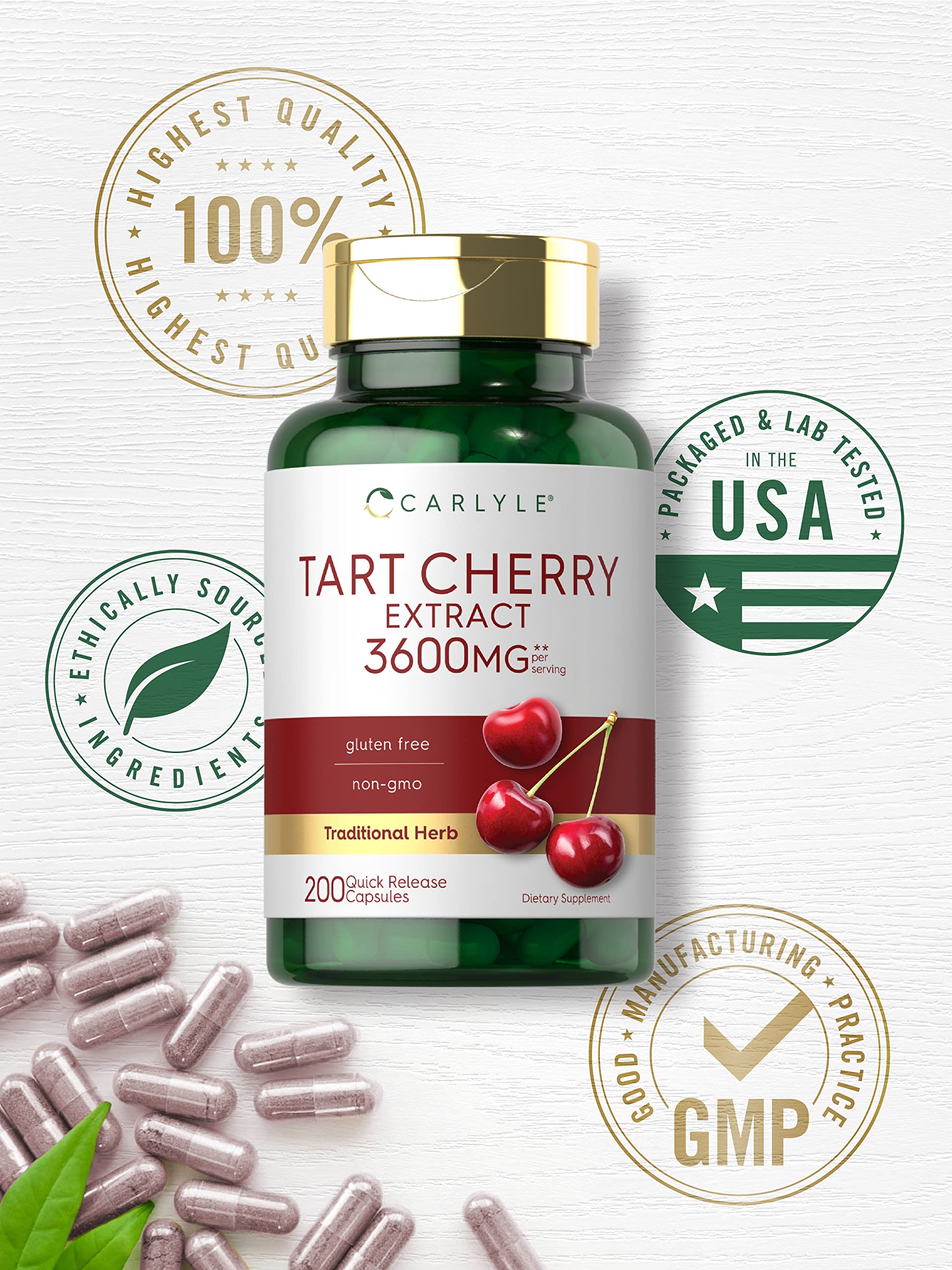 Carlyle Tart Cherry Extract capsules pouring from bottle for easy daily intake.