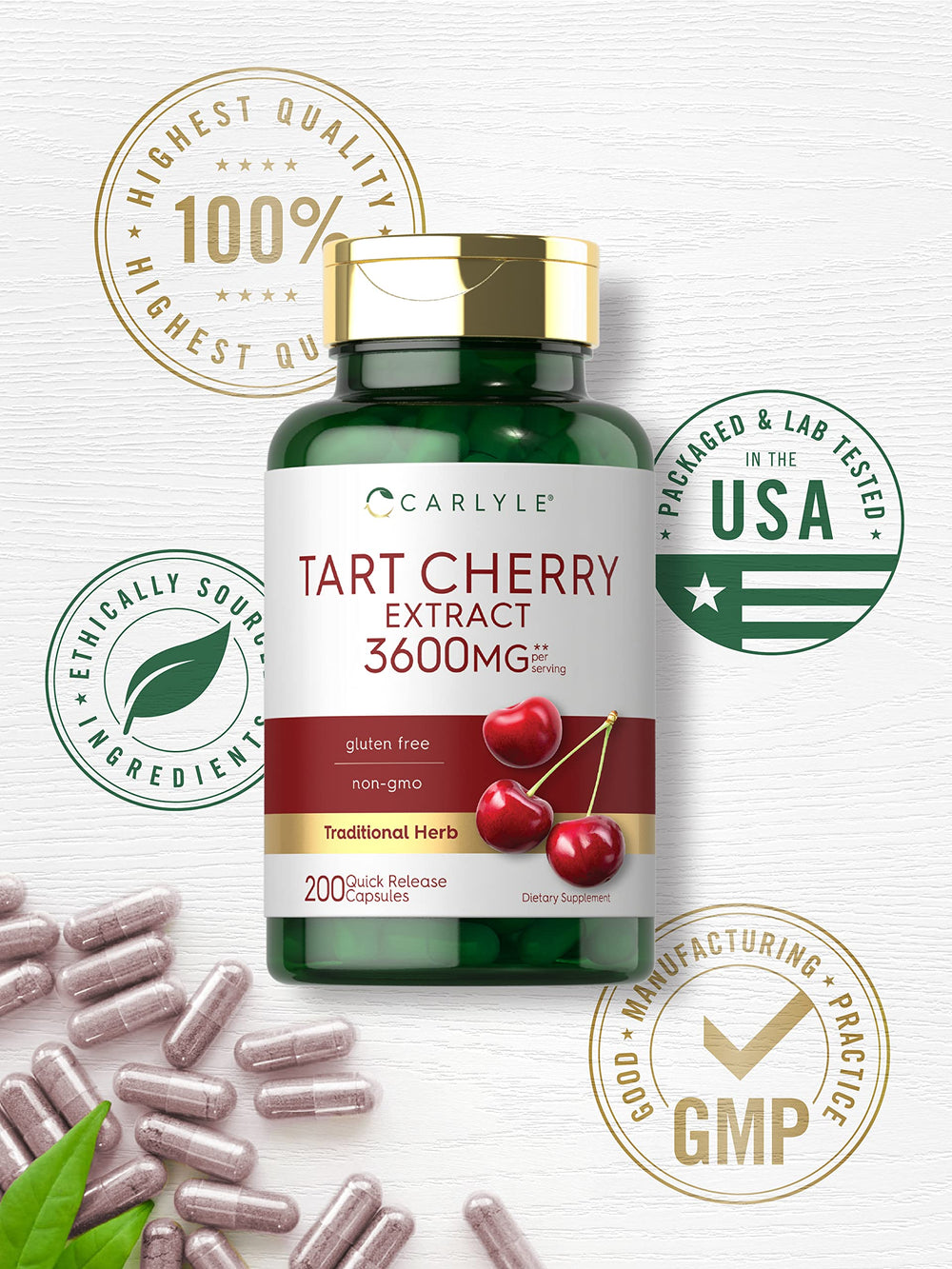 Carlyle Tart Cherry Extract capsules pouring from bottle for easy daily intake.