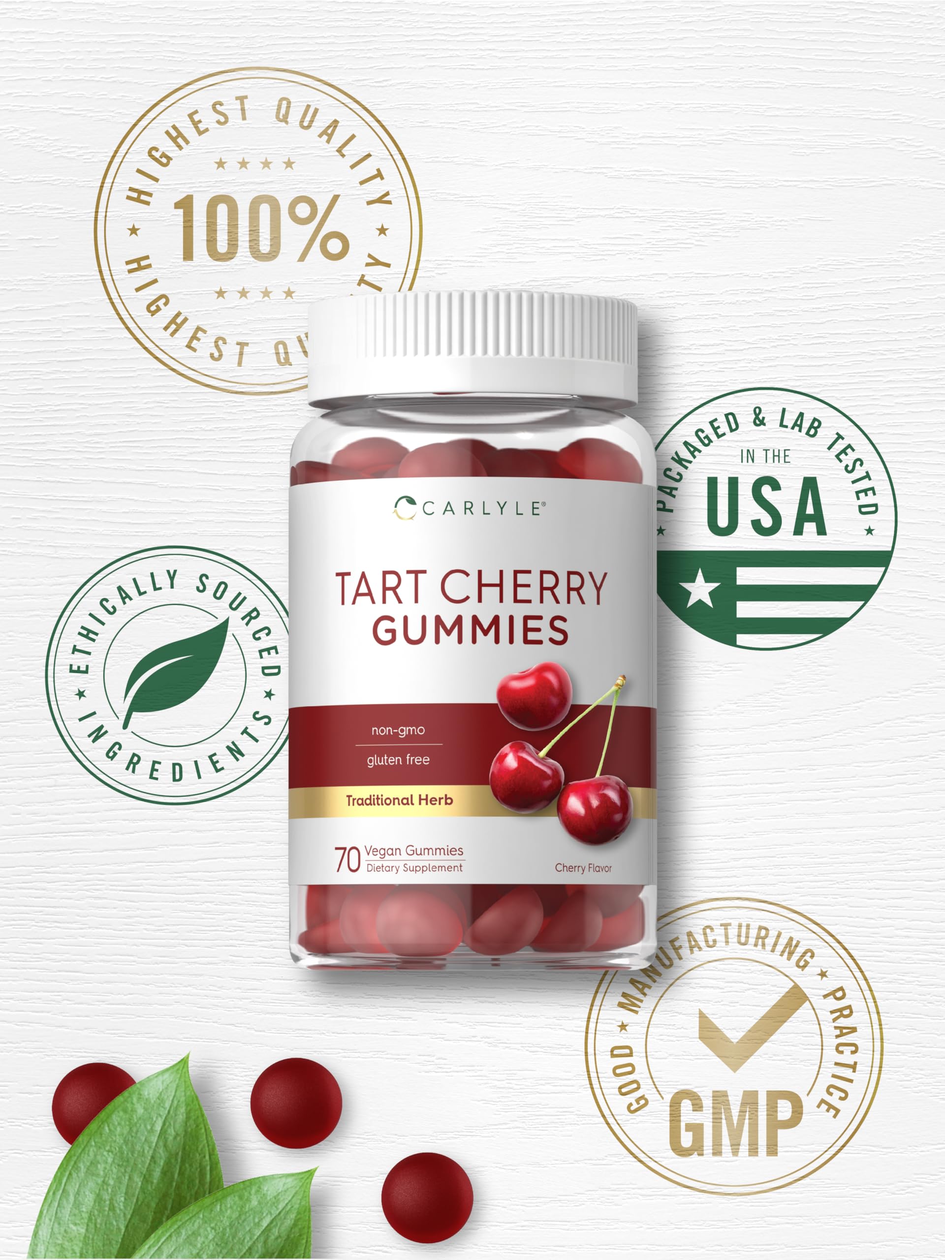 Carlyle Tart Cherry Gummies 70-count bottle emphasizes long-lasting supply.