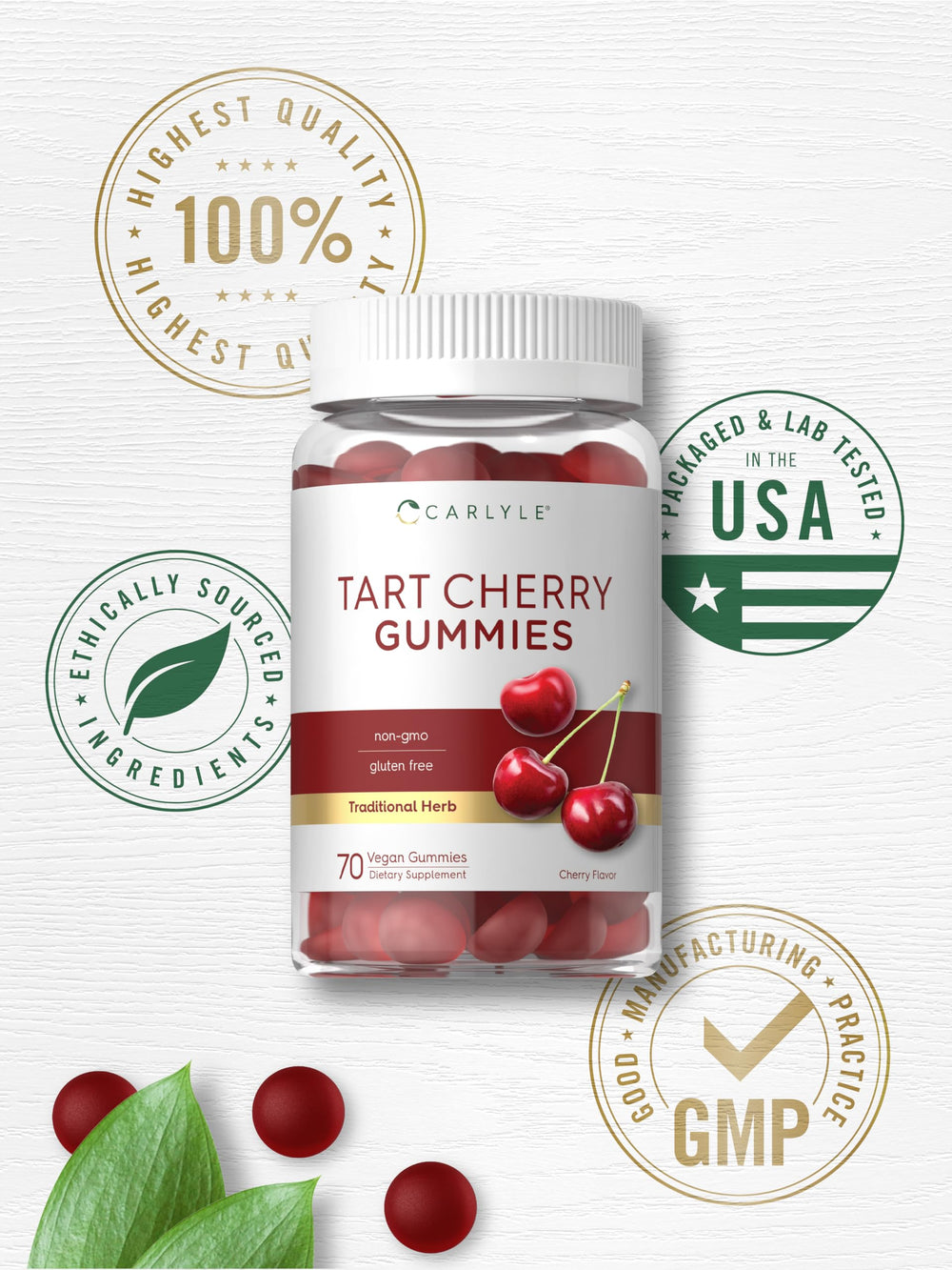 Carlyle Tart Cherry Gummies 70-count bottle emphasizes long-lasting supply.