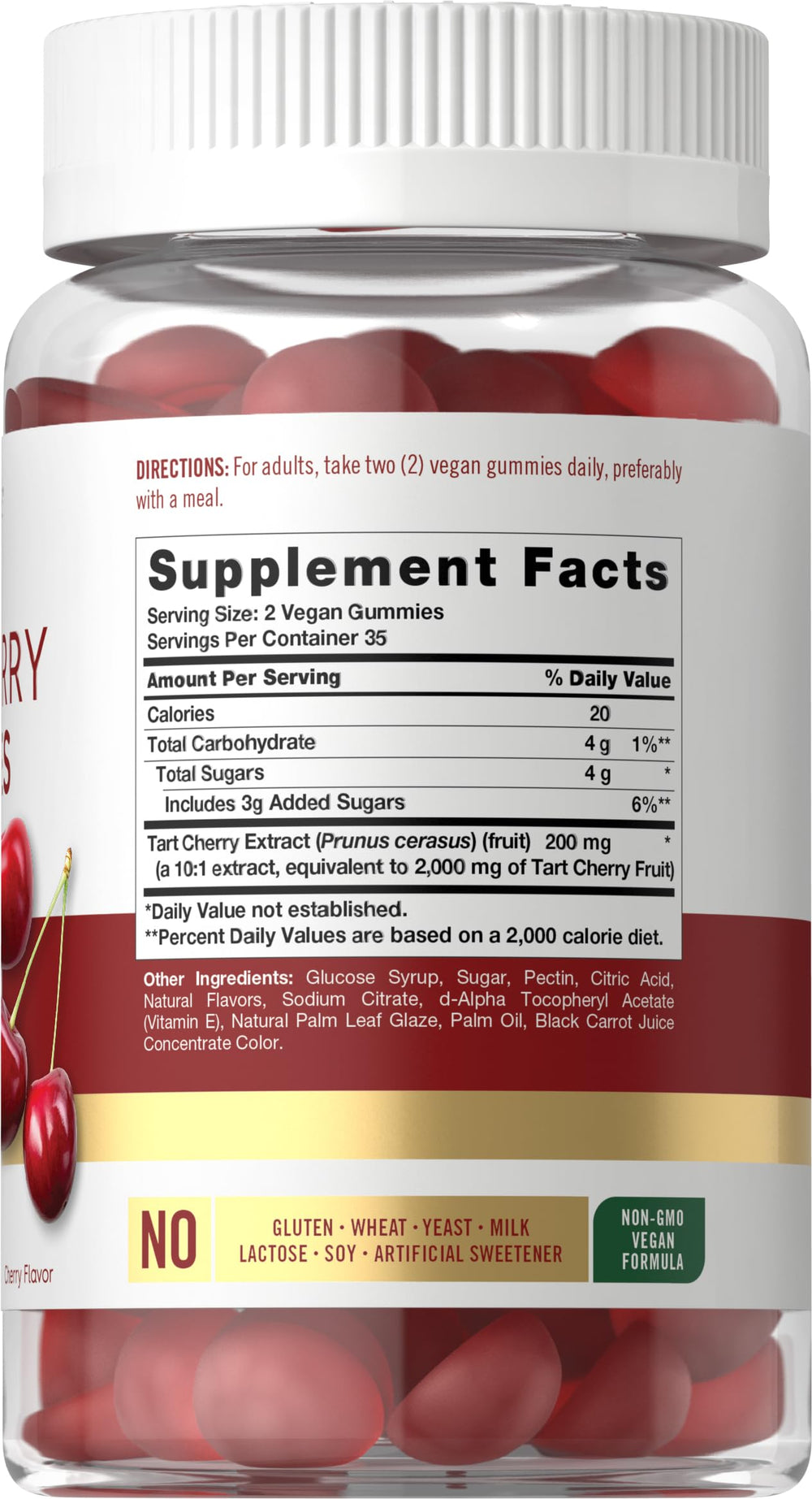 Carlyle Tart Cherry Gummies back label shows non-GMO, 70-count value.