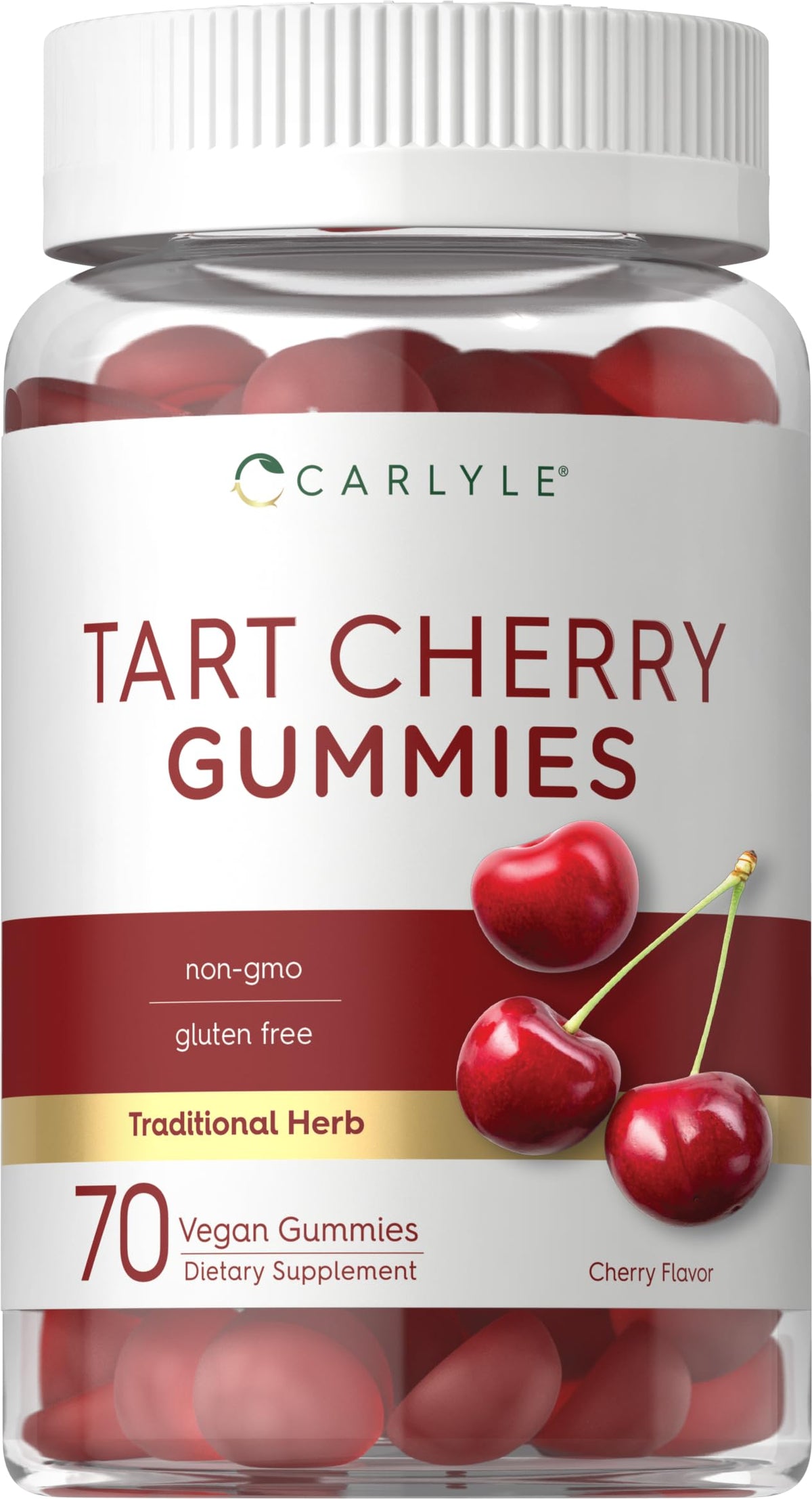 Carlyle Tart Cherry Gummies bottle front, vegan and gluten-free for everyday snacking.