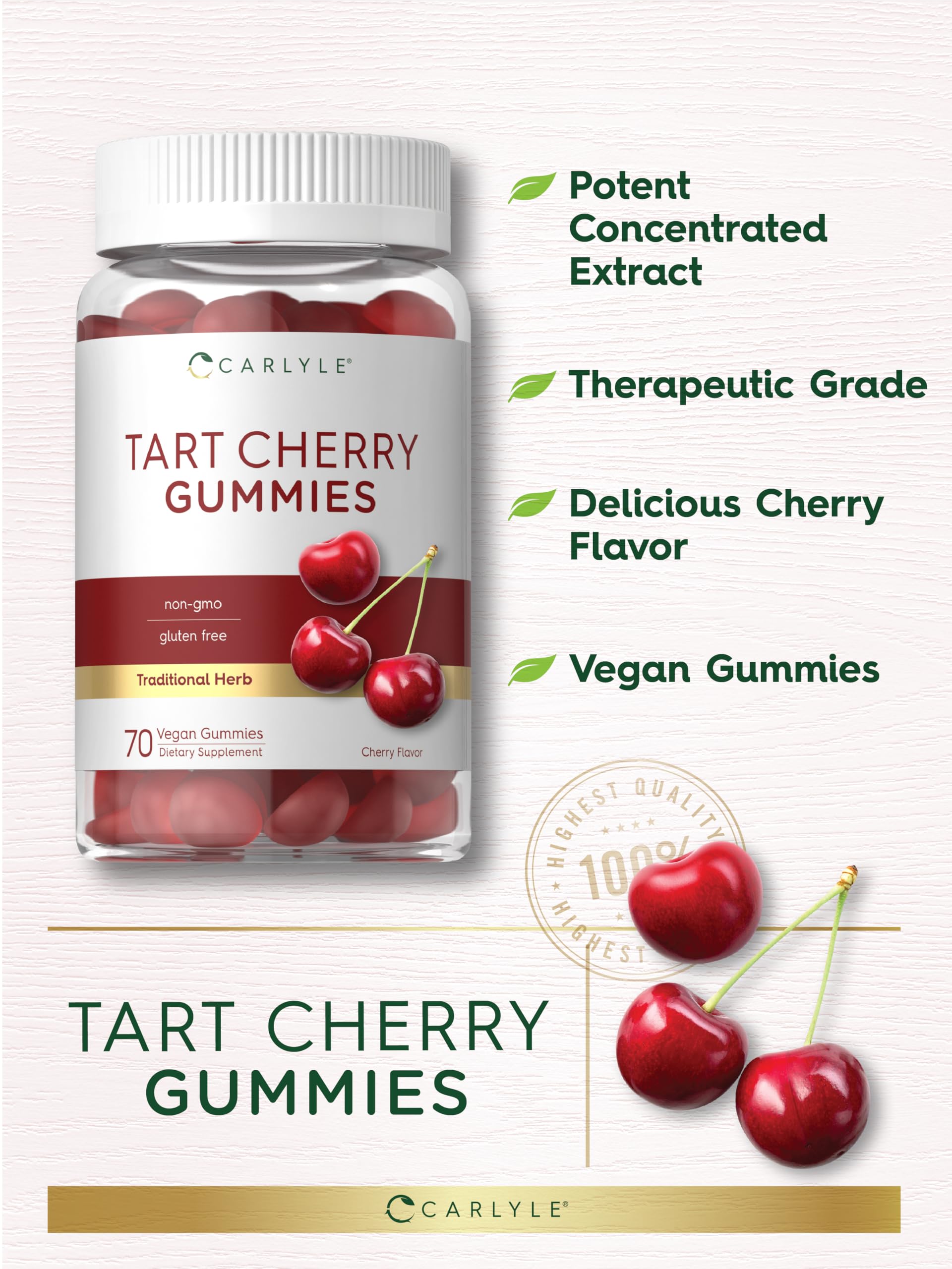 Carlyle Tart Cherry Gummies close-up texture reveals chewy, fruity bites.