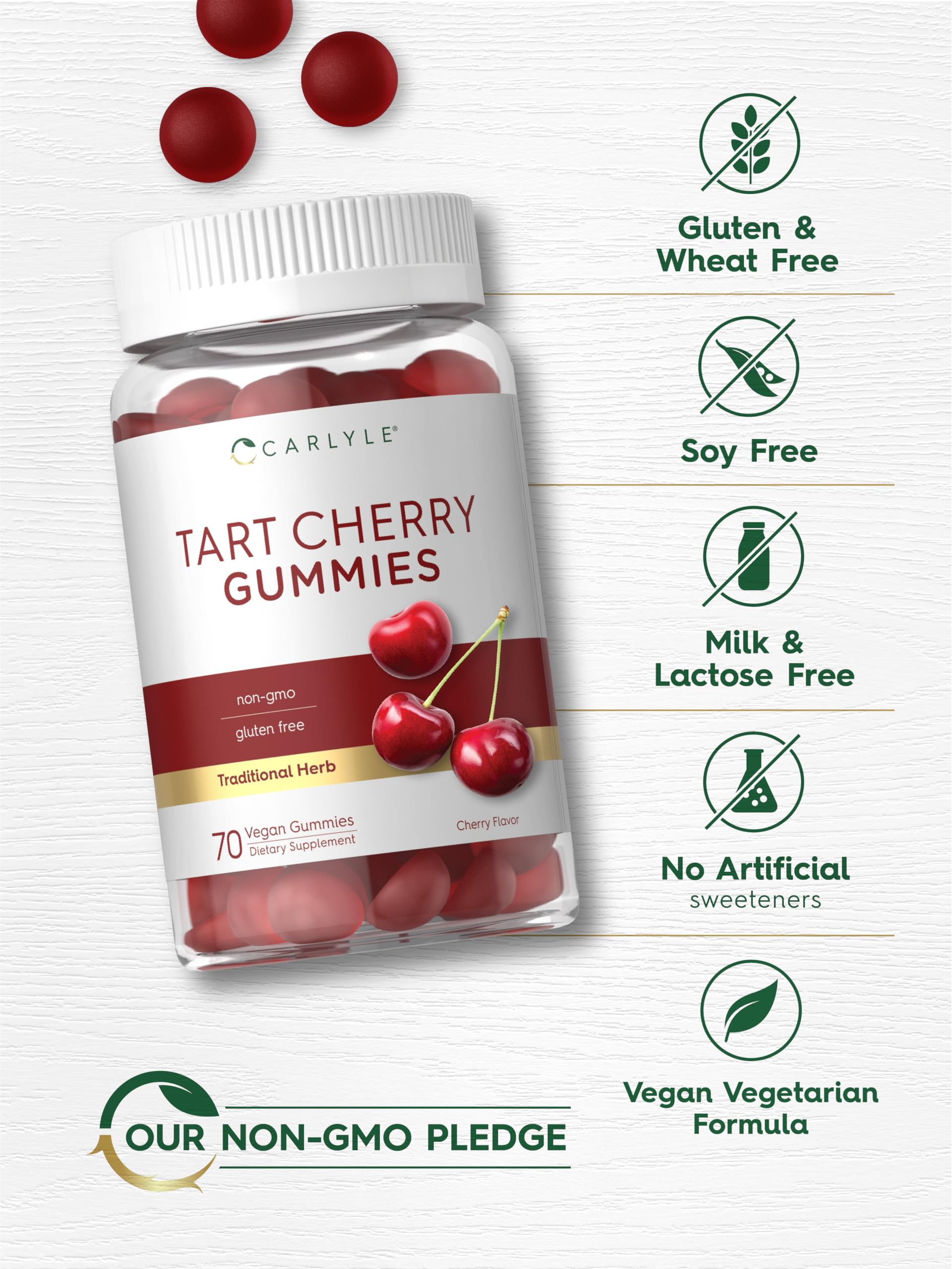 Carlyle Tart Cherry Gummies vegan symbol confirms plant-based formula.