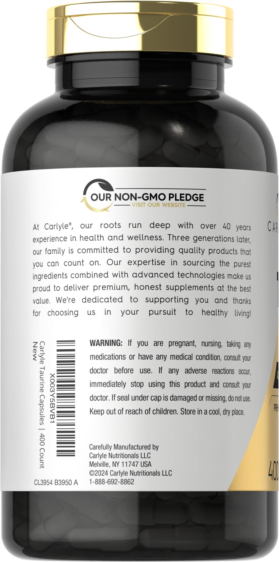 Carlyle Taurine 1000mg ingredients panel details premium amino acid profile