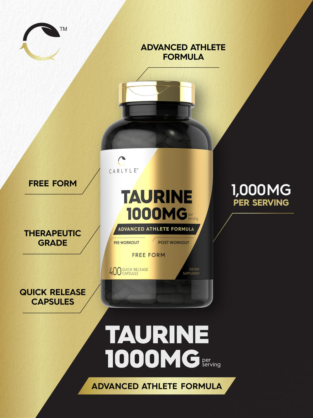 Carlyle Taurine 1000mg jar and label conveys quality and transparency