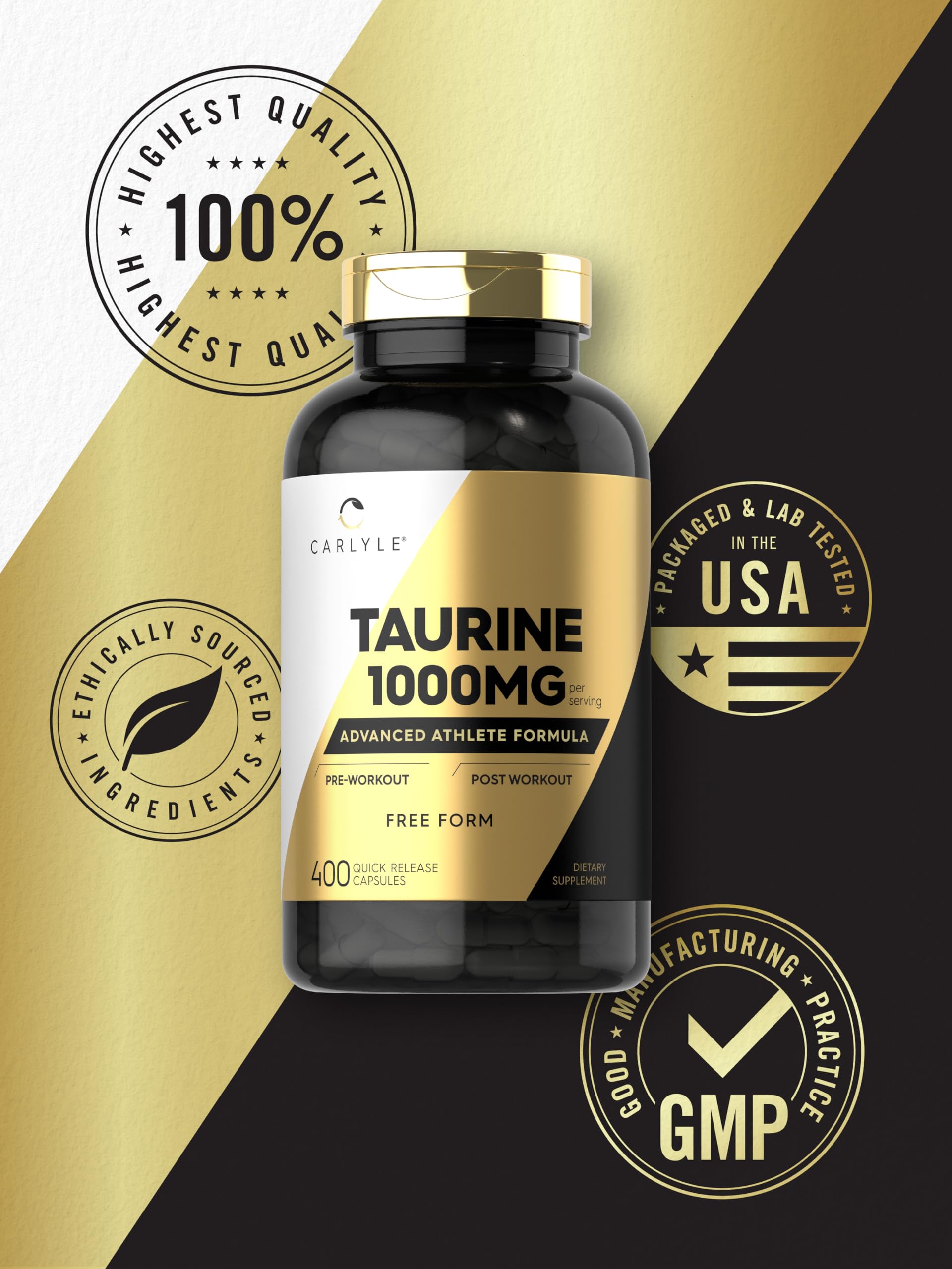 Carlyle Taurine 1000mg non-GMO seal emphasizes clean ingredients