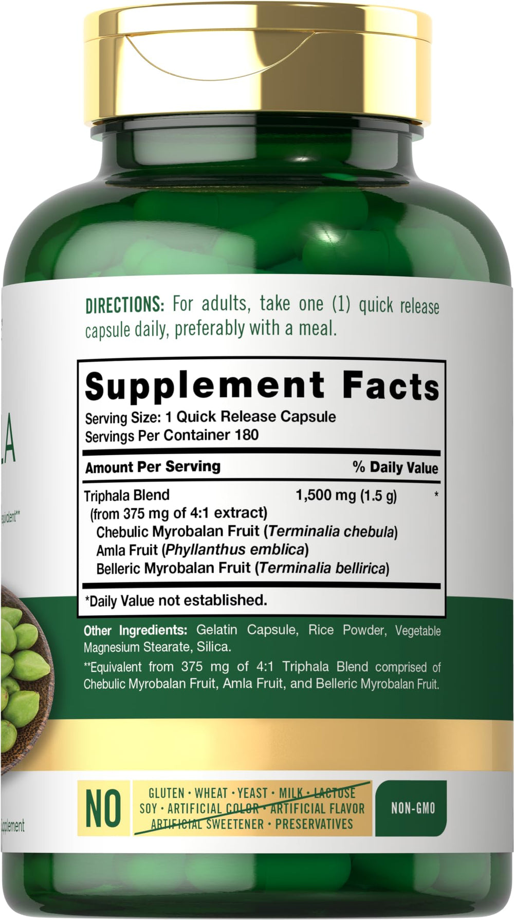 Carlyle Triphala bottle pour demonstrates quick-release capsules for convenient use.
