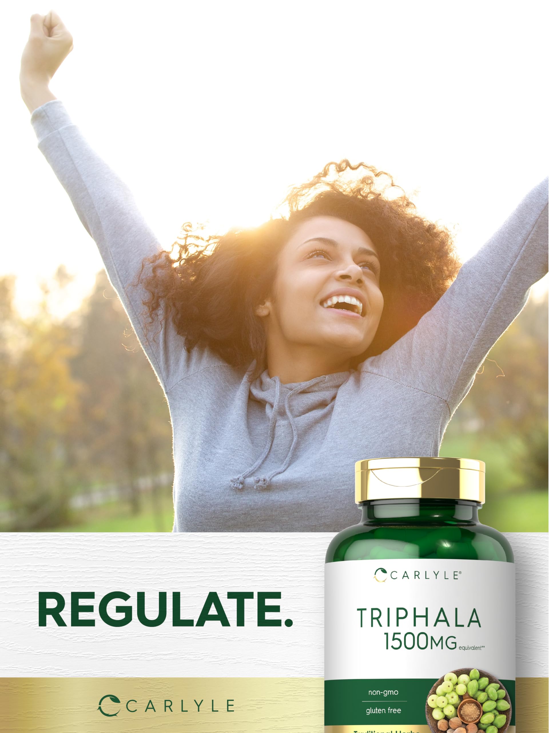 Carlyle Triphala capsules in hand imply simple inclusion in routines.