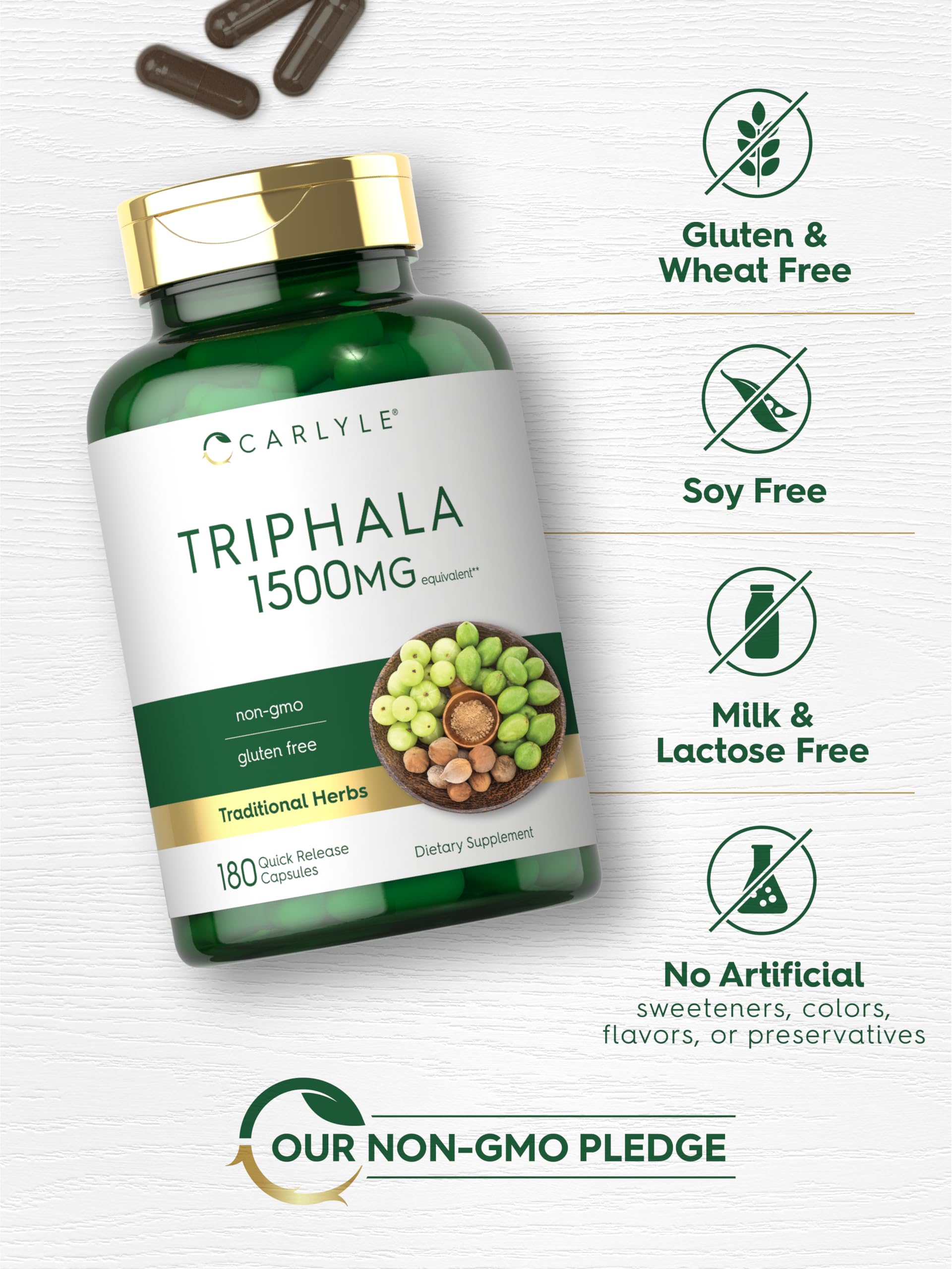 Carlyle Triphala ingredients label highlights Haritaki, Bibhitaki, and Amla.