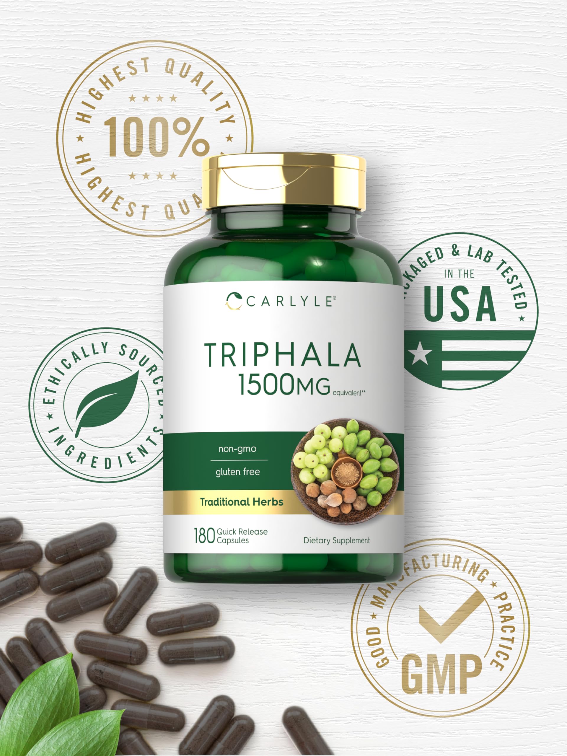 Carlyle Triphala packaging box communicates premium, transparent labeling.