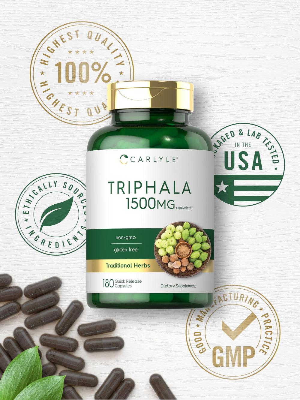 Carlyle Triphala packaging box communicates premium, transparent labeling.