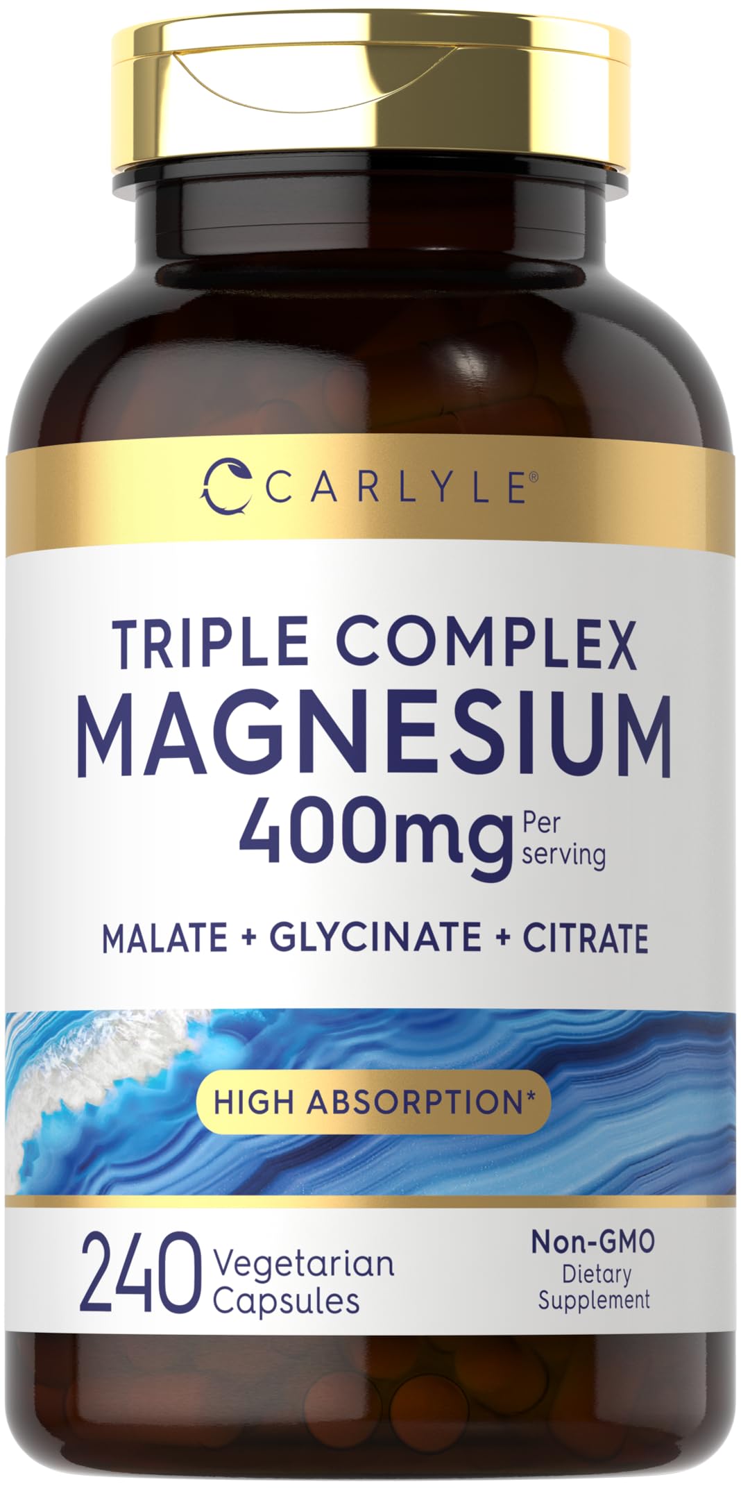 Carlyle Triple Magnesium Complex bottle with 400 mg capsules for daily balance.