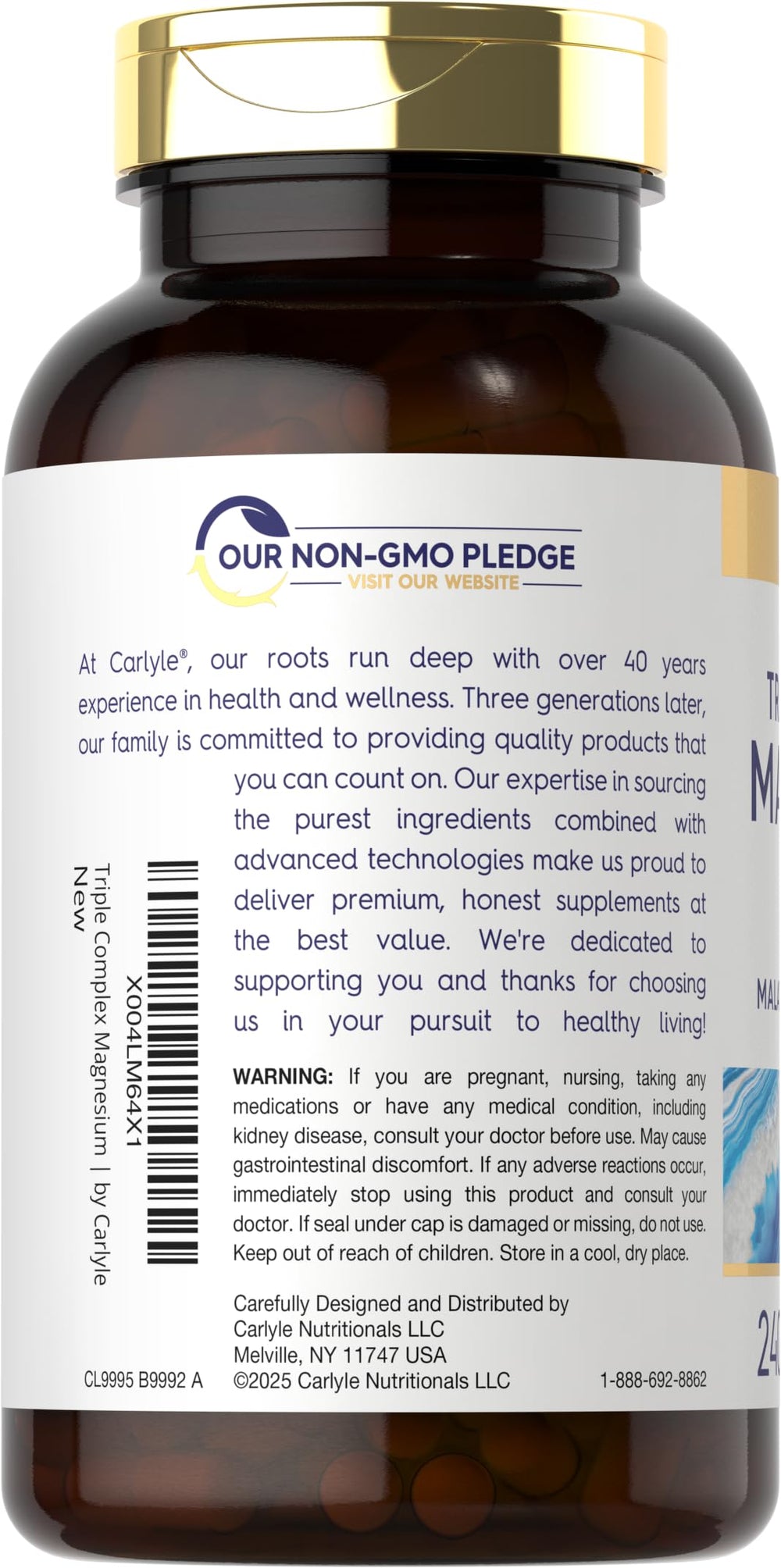 Carlyle label displays magnesium malate, glycinate, and citrate blend for balanced intake.