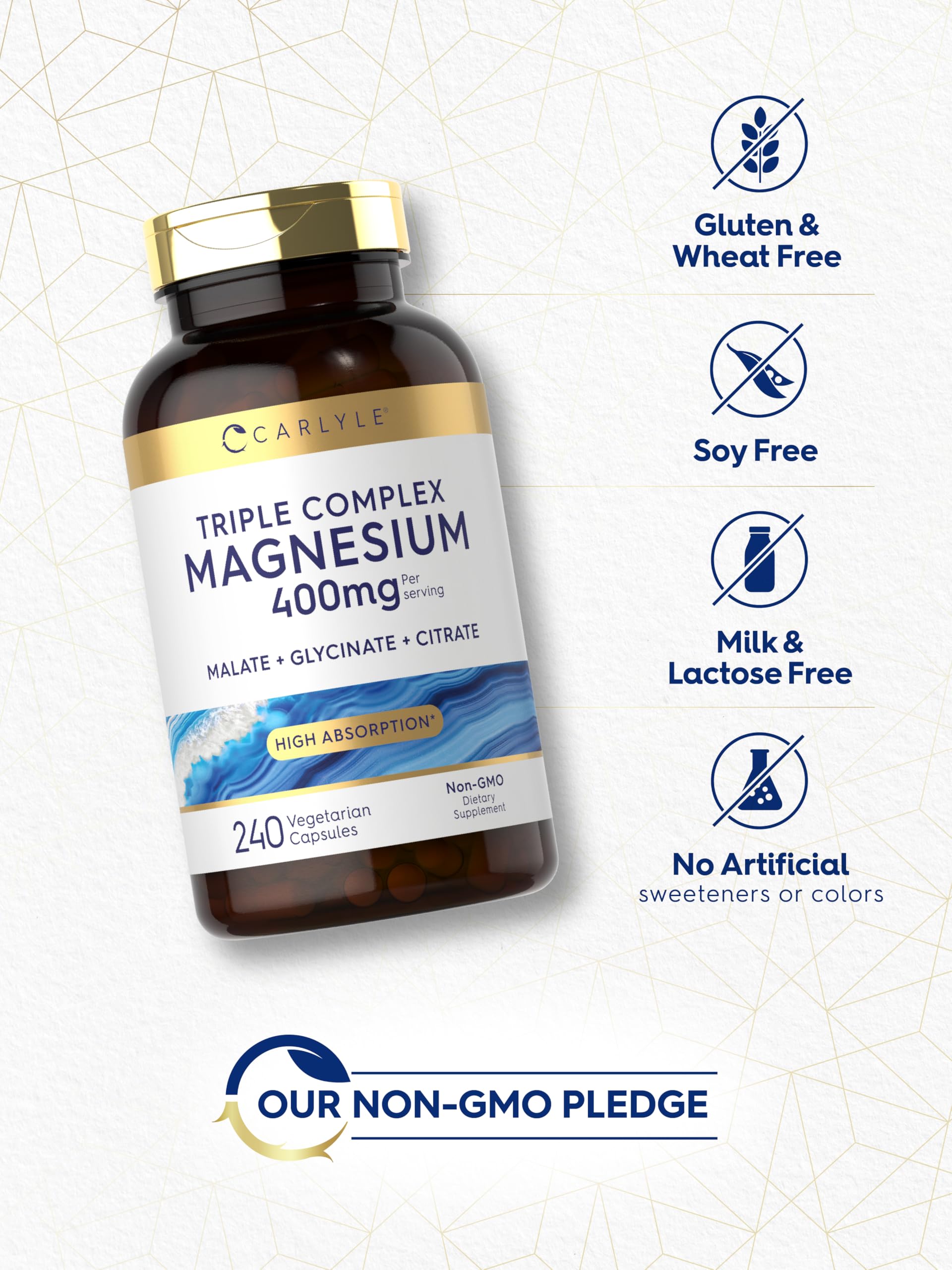 Non-GMO and gluten-free seal on Carlyle magnesium bottle.