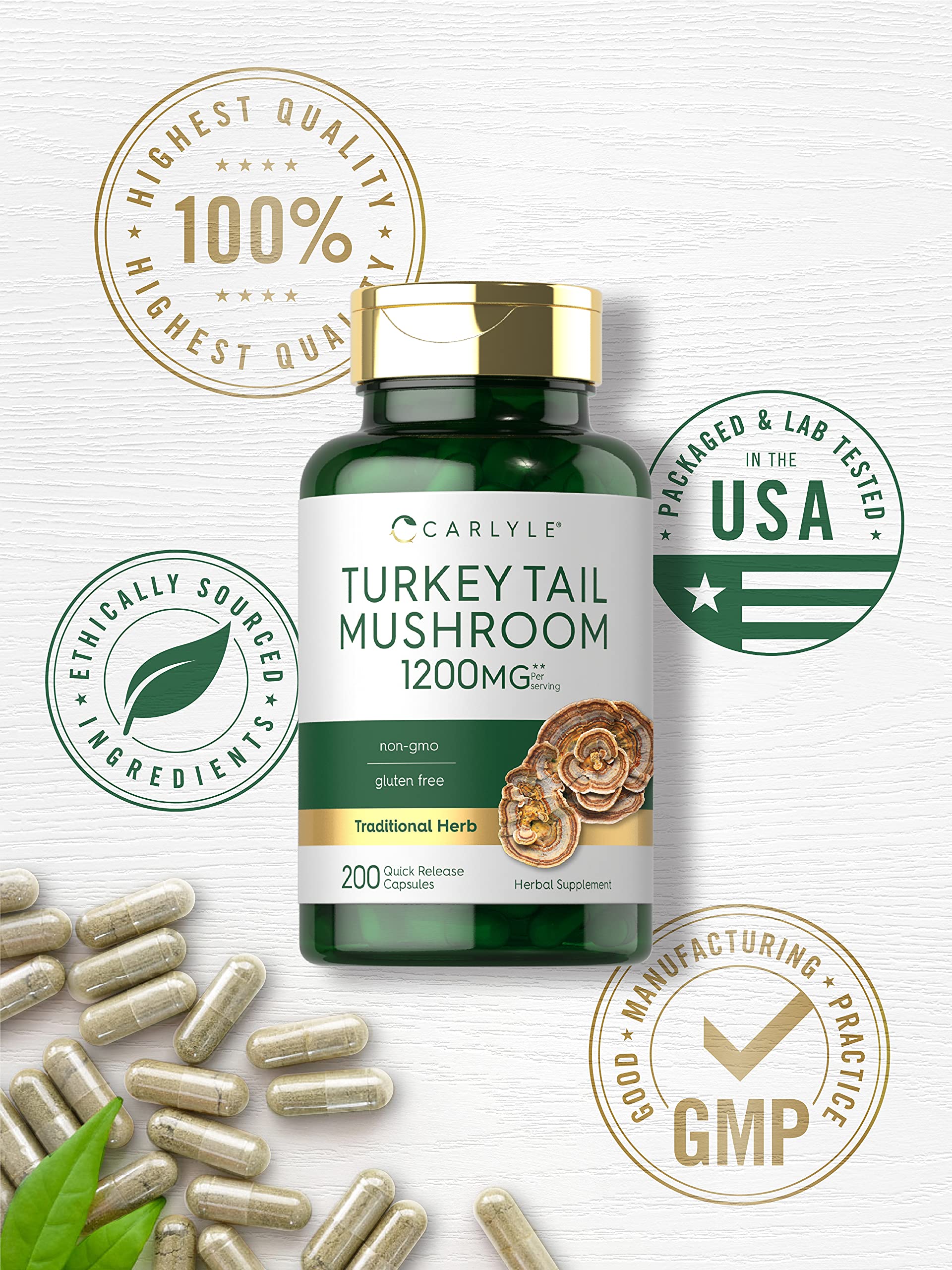 Label highlights non-GMO and gluten-free Carlyle Turkey Tail formula