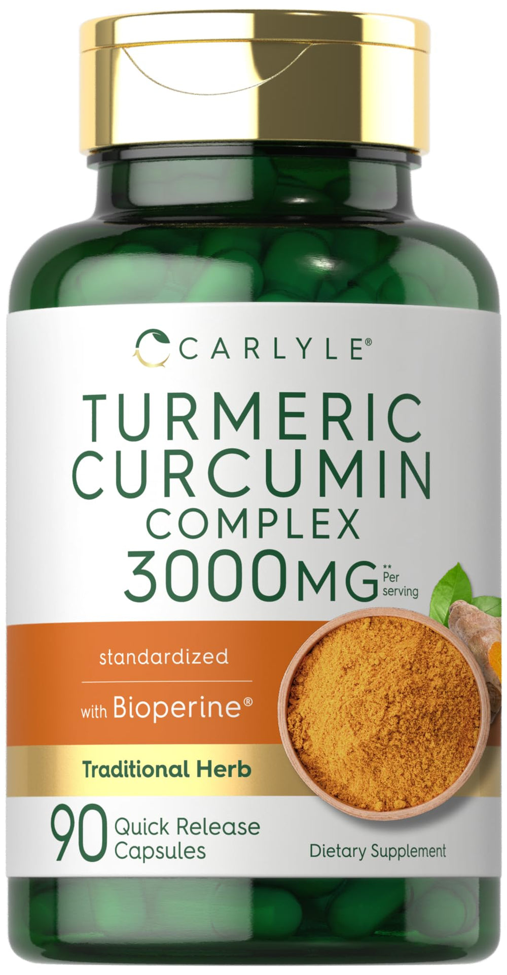 Carlyle Turmeric Curcumin bottle front showing 3000mg formula for daily use