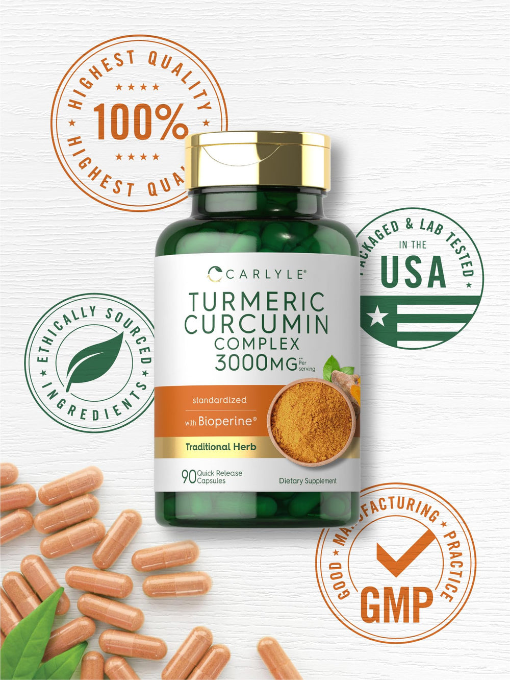 Carlyle Turmeric Curcumin bottle close-up of ingredients and quality seal