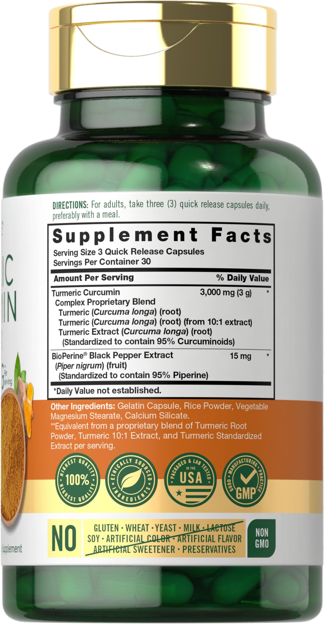 Carlyle Turmeric Curcumin bottle label close-up highlighting Bioperine for absorption