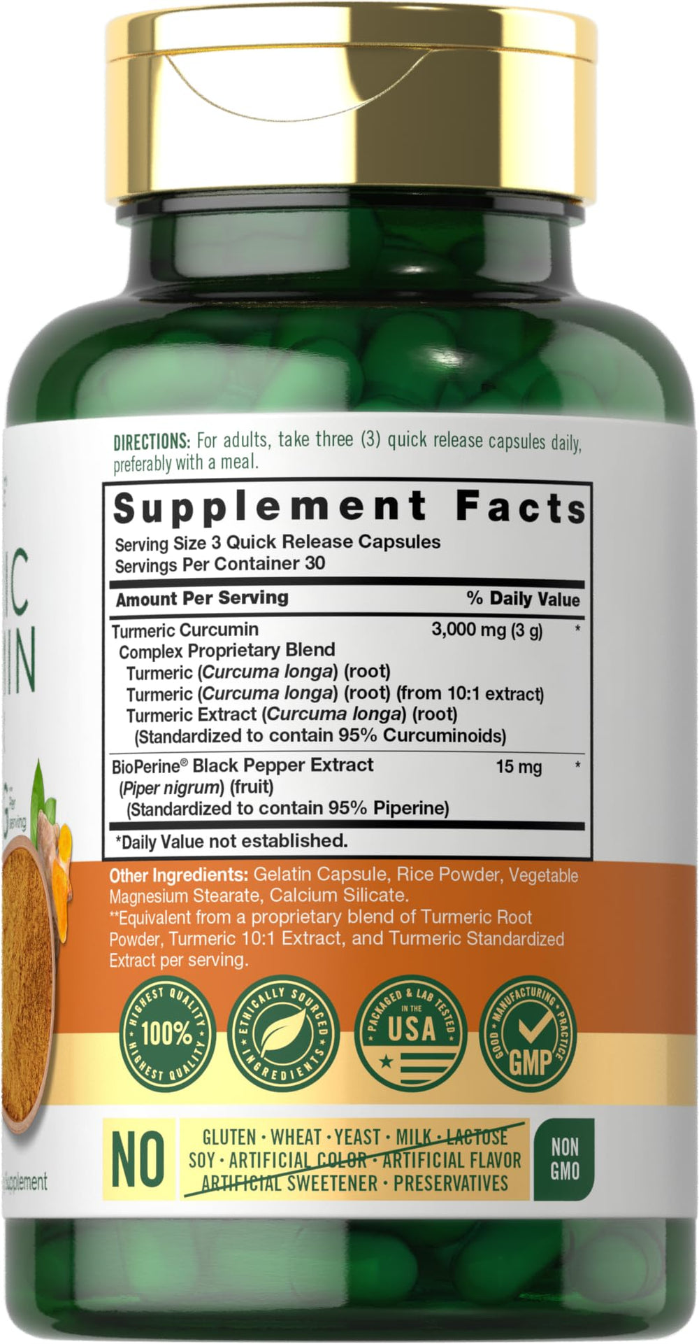 Carlyle Turmeric Curcumin bottle label close-up highlighting Bioperine for absorption