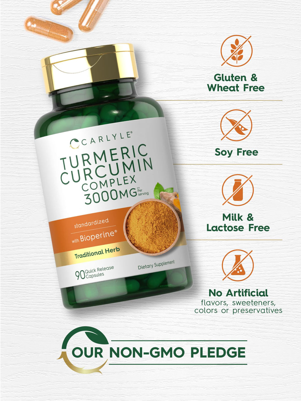 Carlyle Turmeric Curcumin bottle side view showing nutrition facts