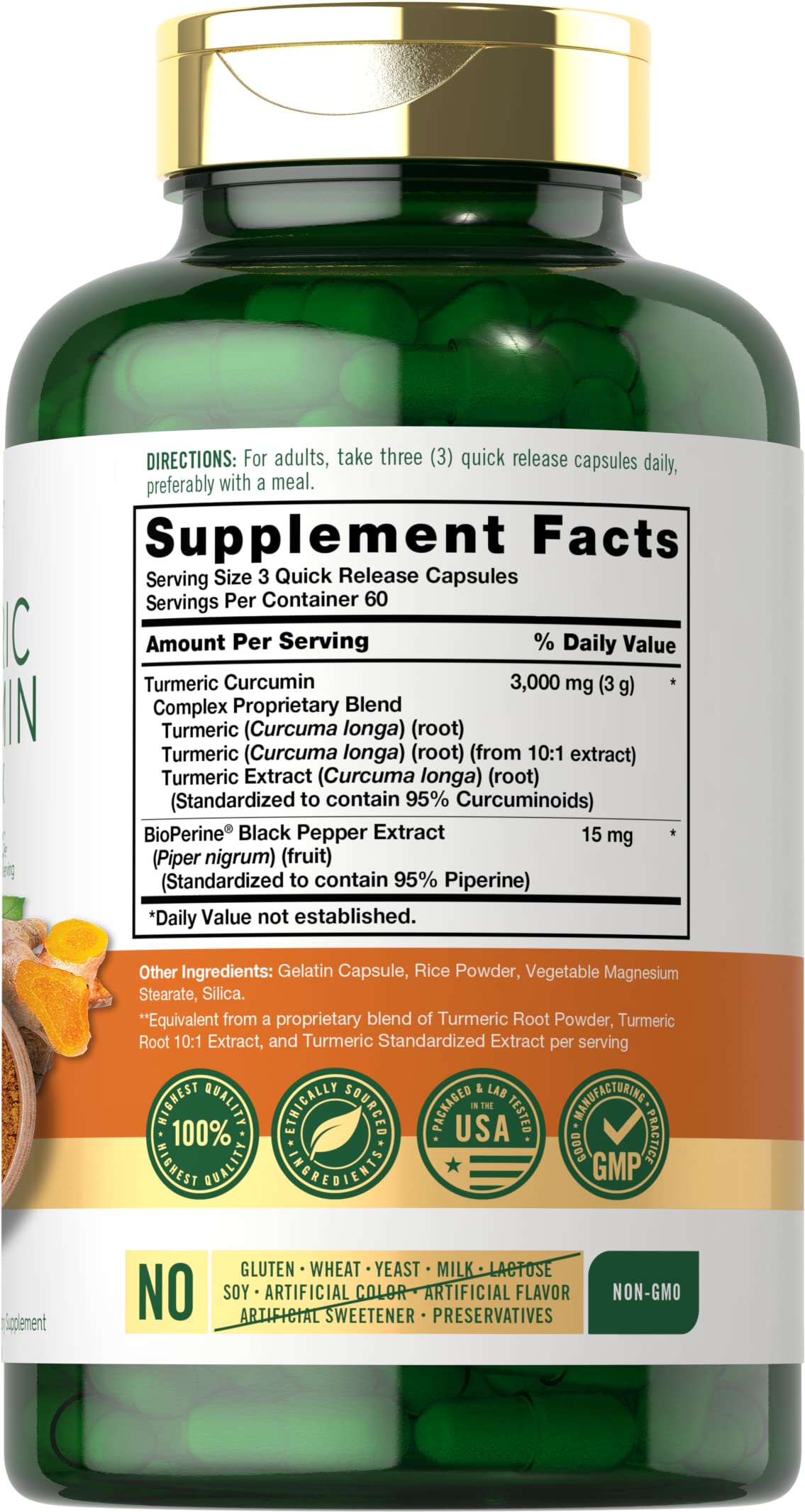 Closeup of Carlyle Turmeric Curcumin capsules highlighting easy daily intake.