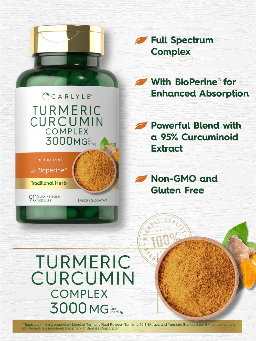 Carlyle Turmeric Curcumin capsules inside bottle ready for daily intake