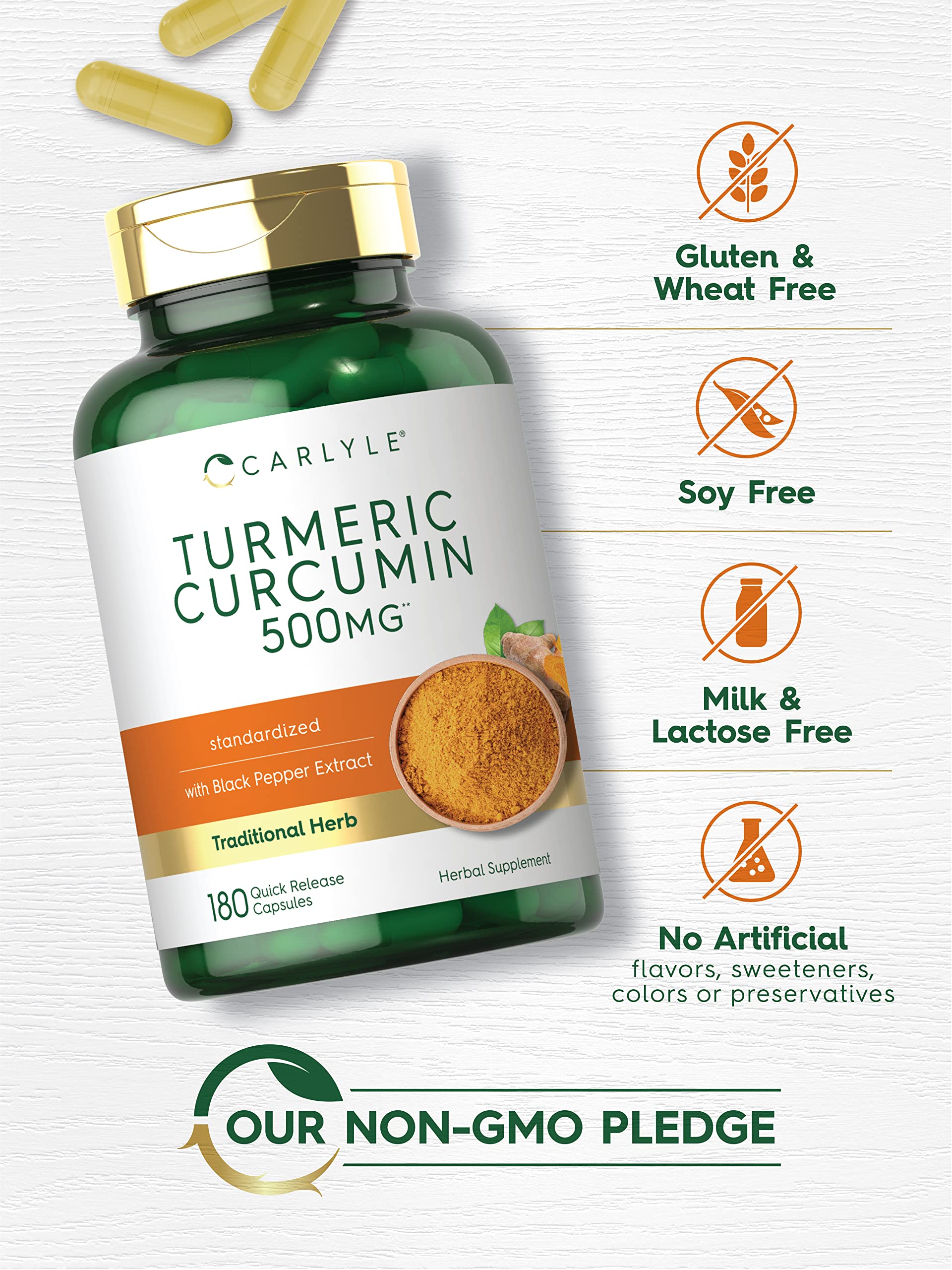 Carlyle Turmeric Curcumin gluten-free label highlights allergen-friendly formula.