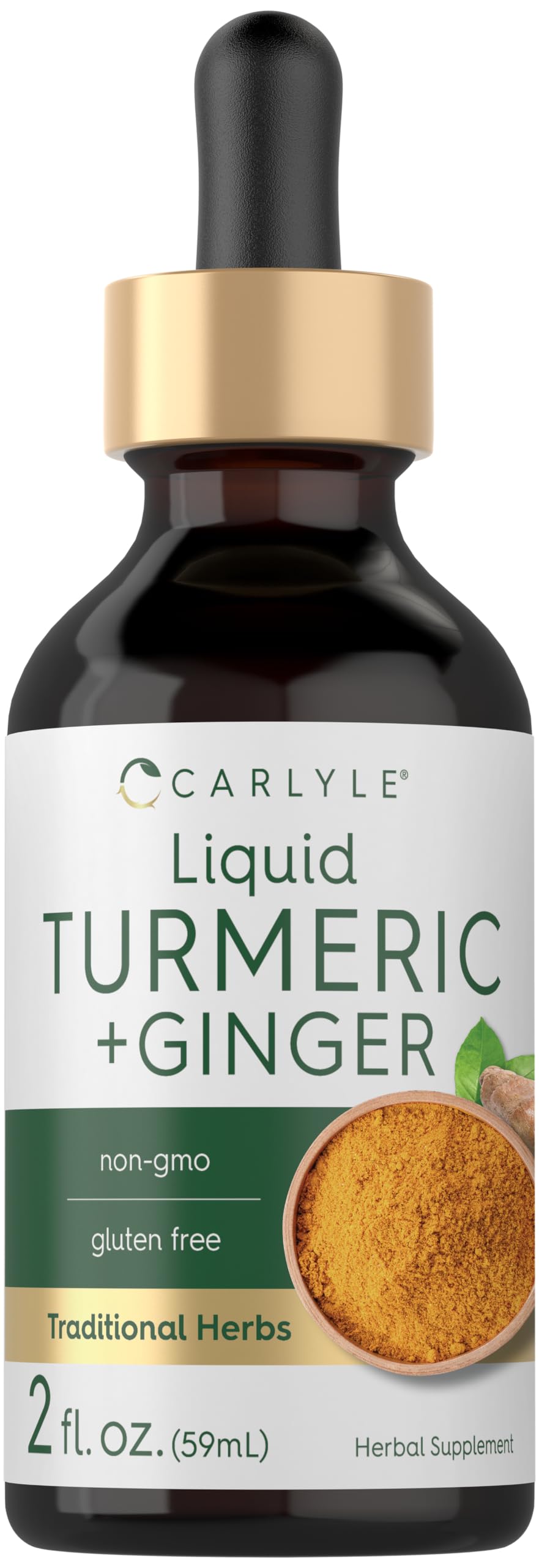 Carlyle Turmeric Ginger Drops bottle shows a premium vegan supplement for daily wellness.
