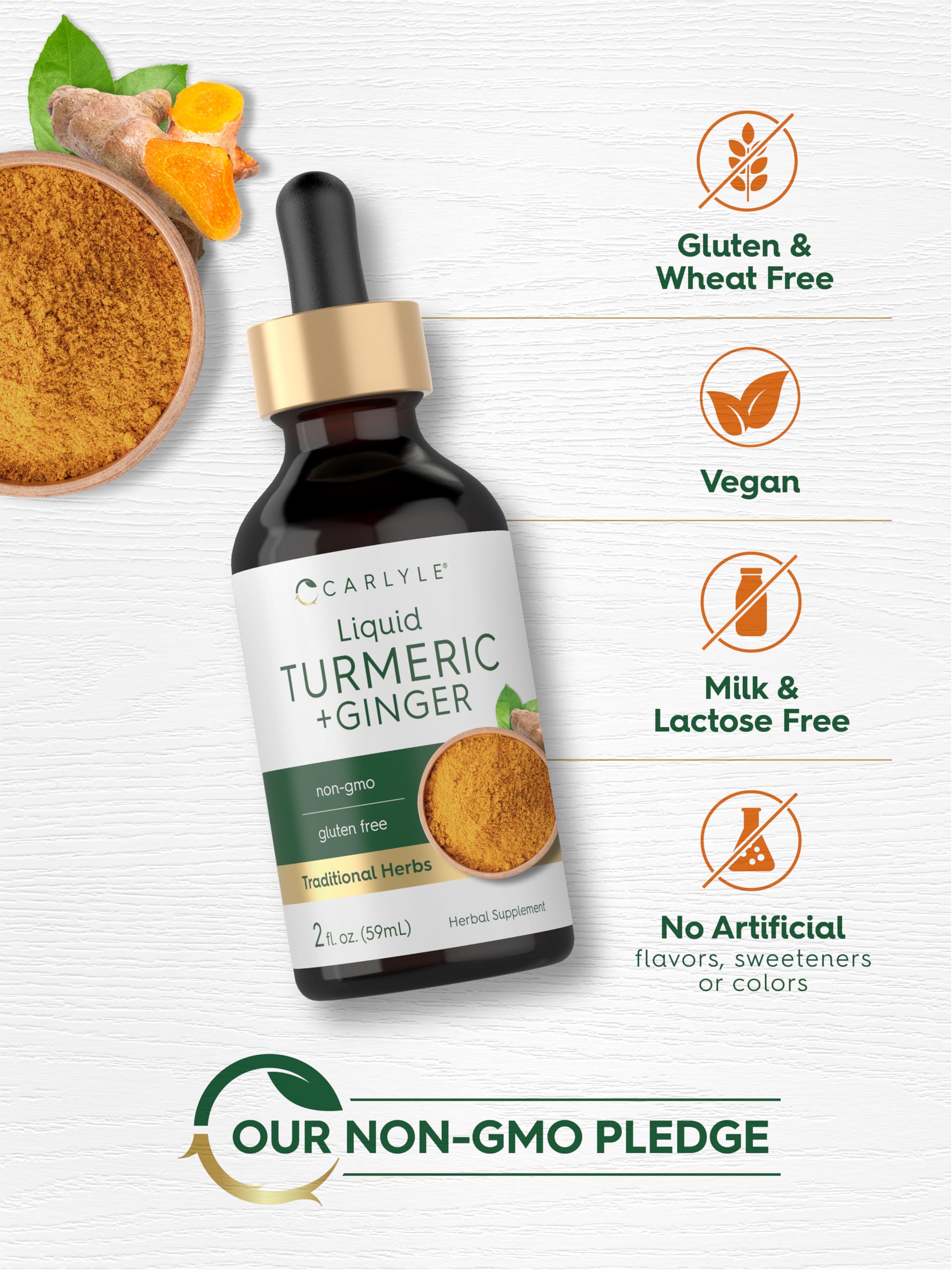 Carlyle Turmeric Ginger Drops label highlights gluten-free and Non-GMO attributes.