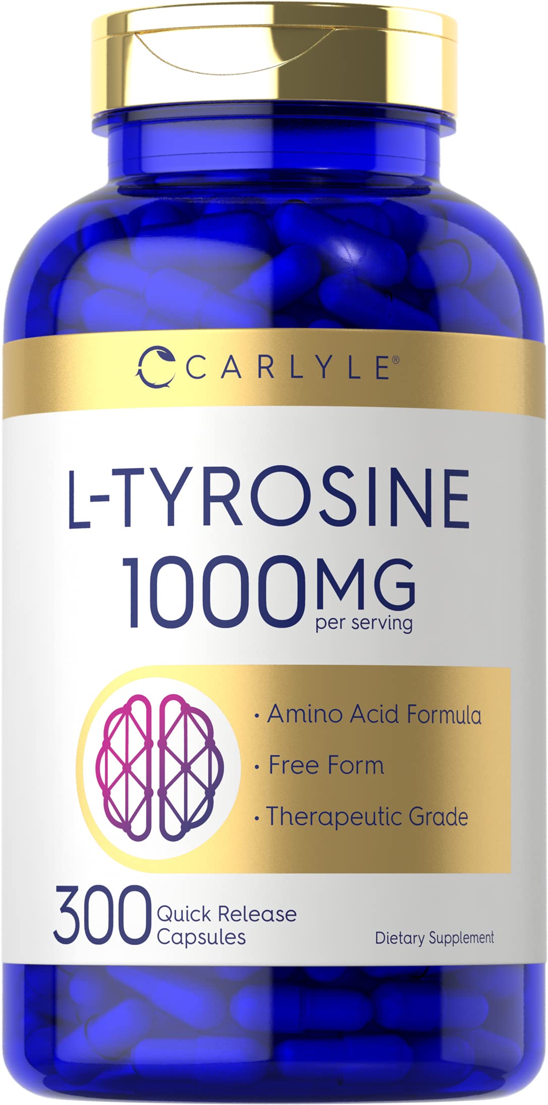 Carlyle L Tyrosine bottle front with 1000 mg capsules for daily wellness