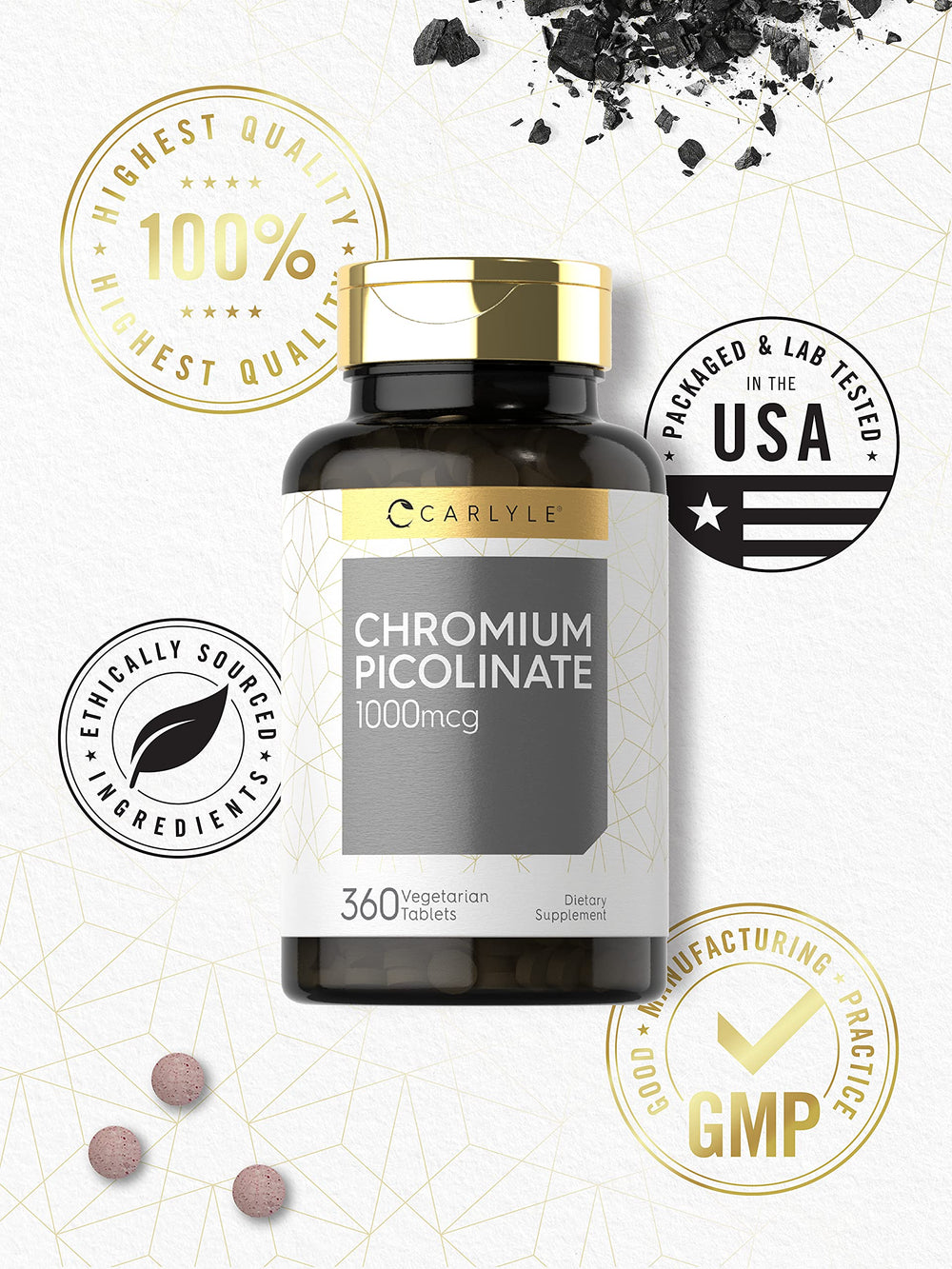 Carlyle Ultra Chromium Picolinate bottle view showcases convenient daily dosing.