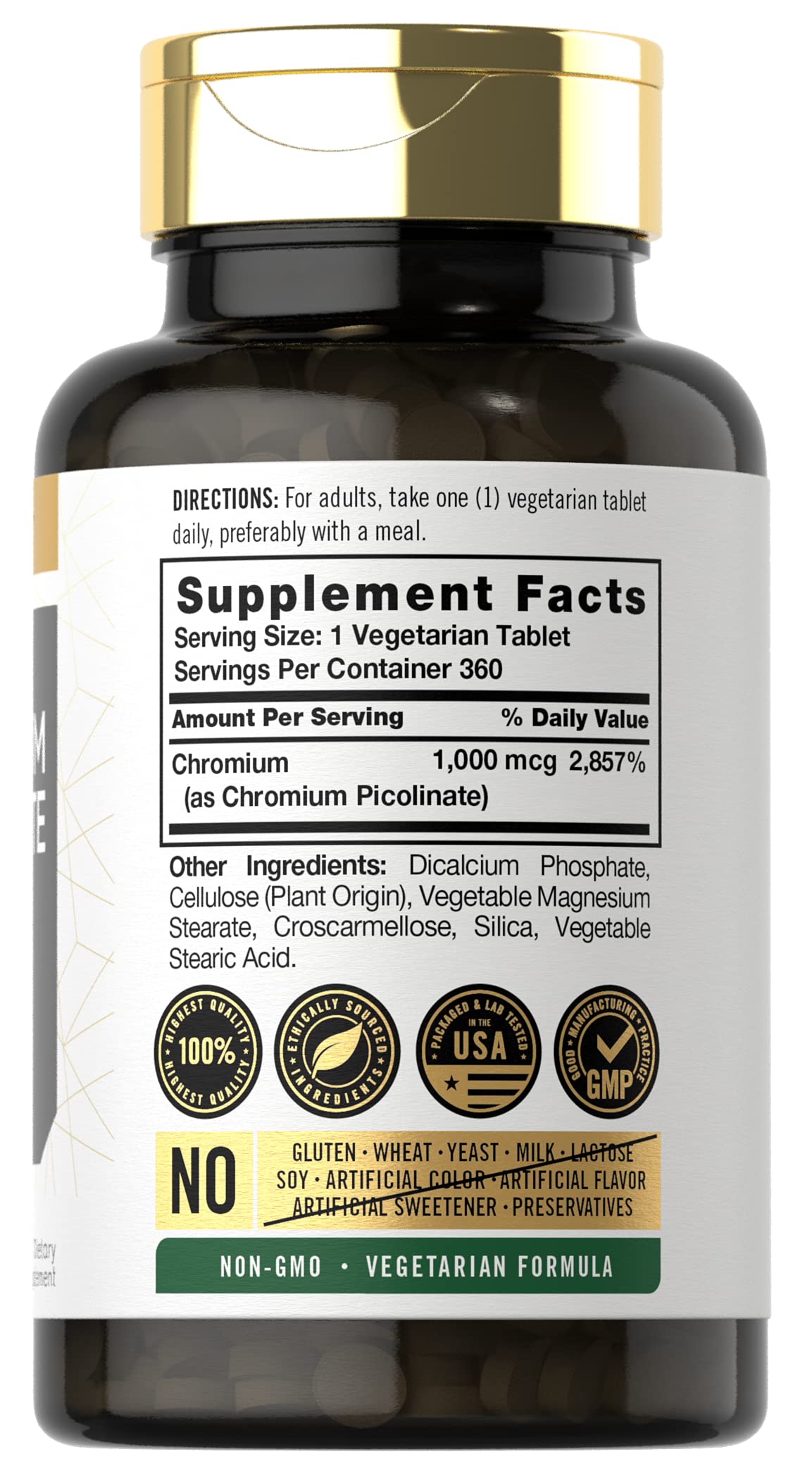 Carlyle Ultra Chromium Picolinate capsules closeup highlights 1,000 mcg per vegetarian tablet.