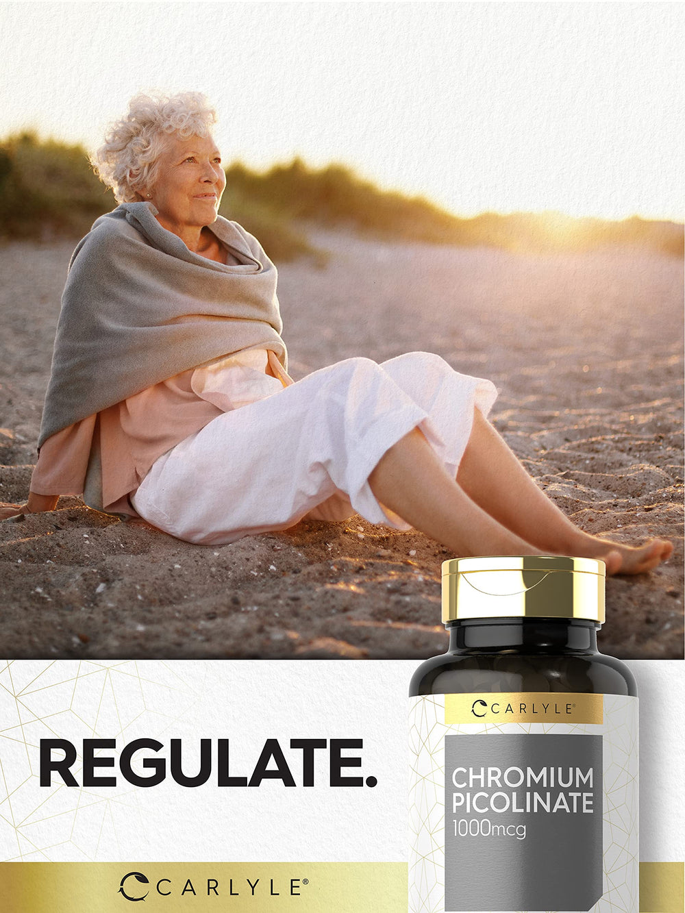 Carlyle Ultra Chromium Picolinate glass bottle mockup signals premium packaging.