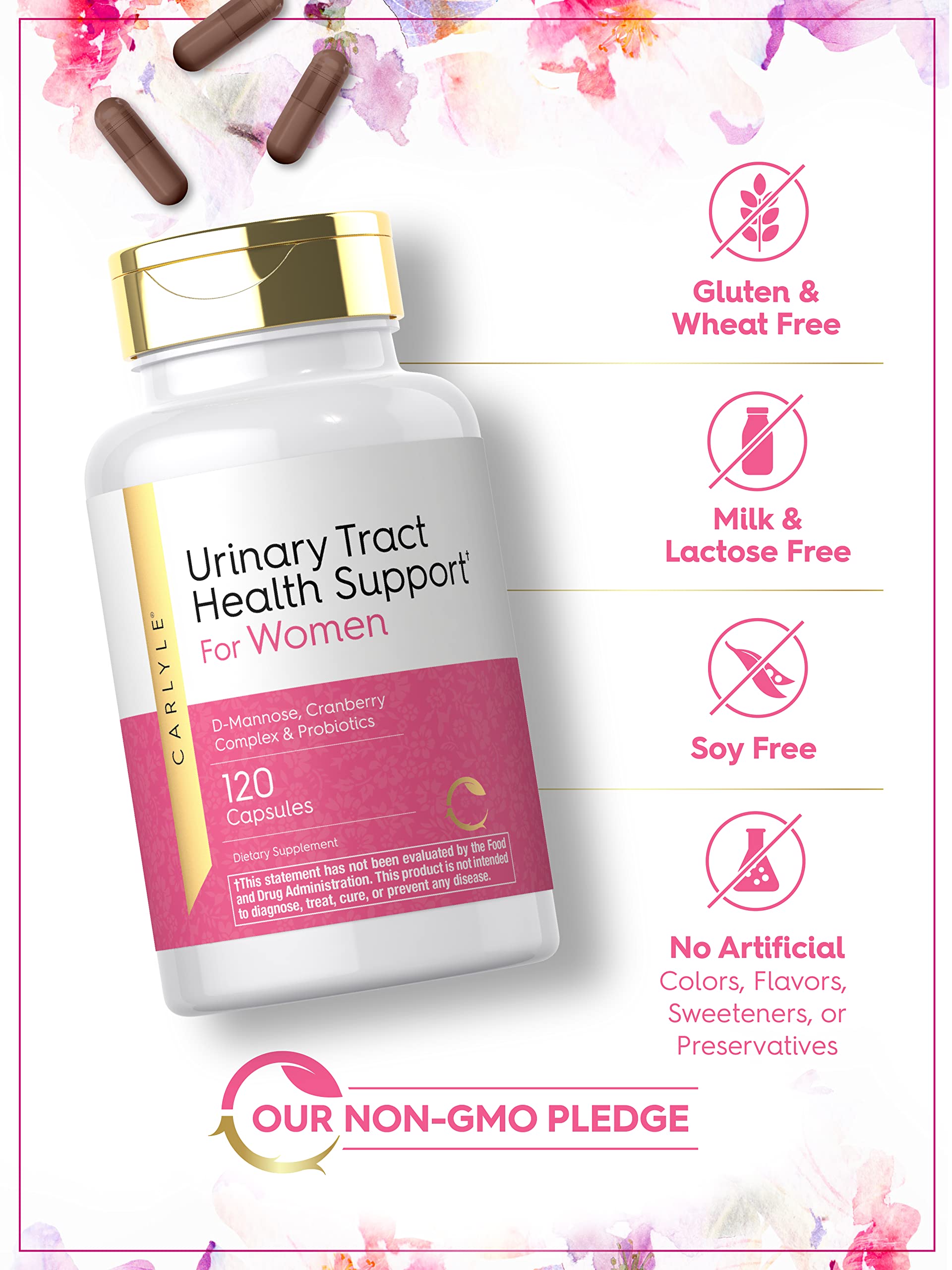 Close-up of D-Mannose, cranberry extract and probiotic blend on Carlyle bottle