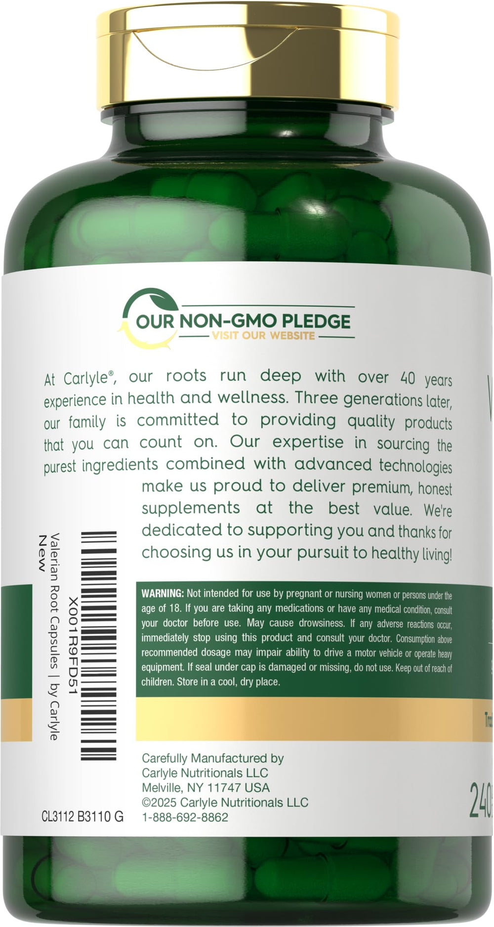 Carlyle Valerian Root Capsules closeup showing smooth capsules and natural color